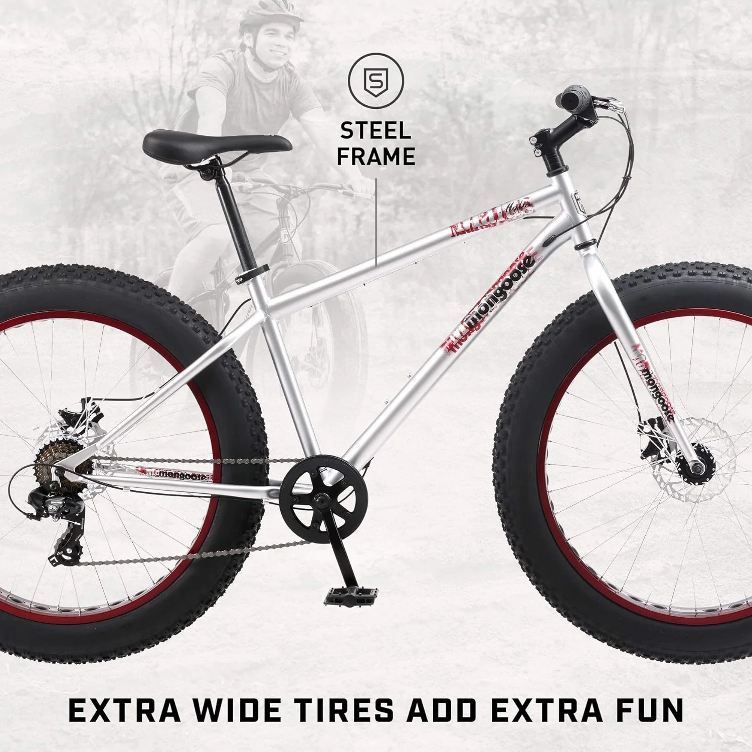 Mongoose Malus Mens and Women Fat Tire Mountain Bike, 26-Inch Bicycle Wheels, 4-Inch Wide Knobby Tires, Steel Frame, 7 Speed Drivetrain, Shimano Rear Derailleur, Disc Brakes