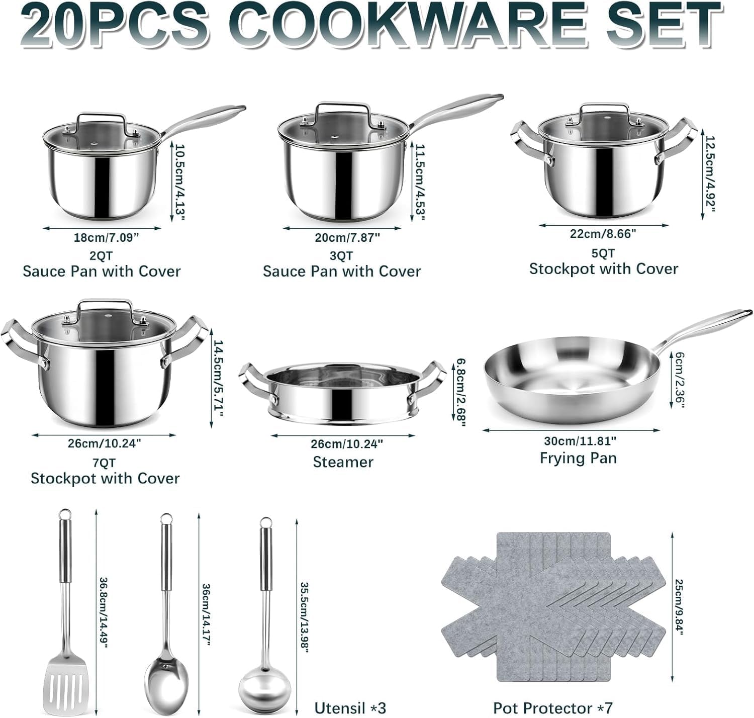 Stainless Steel Cookware Set - 20 PCS Pots and Pans Set with 3-Ply Stainless Steel Frying Pan, Professional Kitchen Cooking Set, Induction Compatible, Oven & Dishwasher Safe