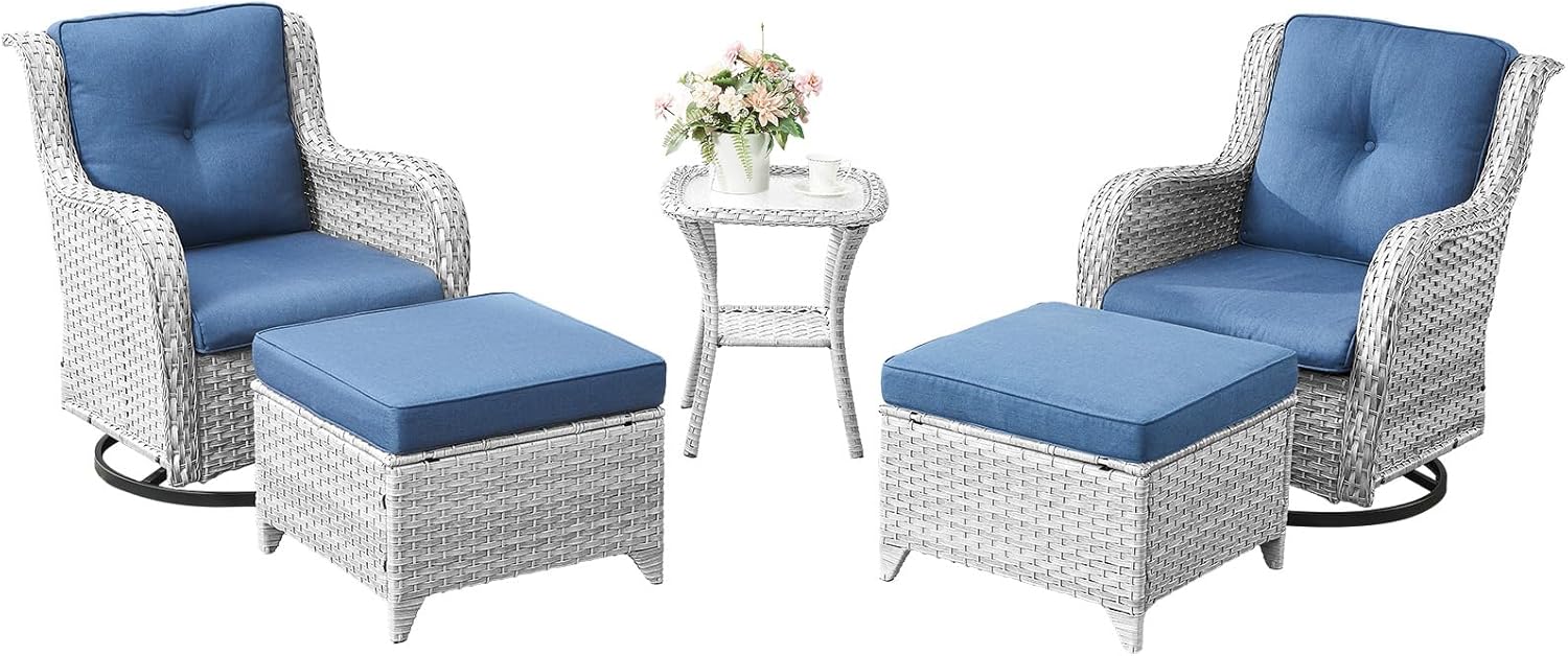 5 Piece Patio Swivel Rocker Furniture Set: Outdoor Swivel Glider Wicker Chairs with Ottomans Side Table, Outdoor Furniture Rocking Seating Set for Porch Balcony Garden, Light Grey