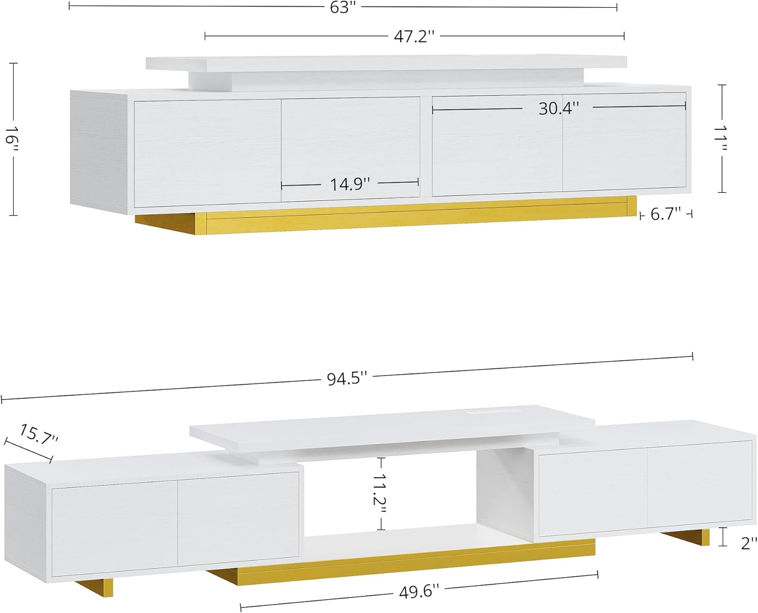 LIKIMIO Extendable TV Stand for 65-90 Inches TVs, Adjustable Length 63''-94.5'', Modern White Entertainment Center with Storage Cabinets, Charging Station & LED Lights, Media Console for Living Room