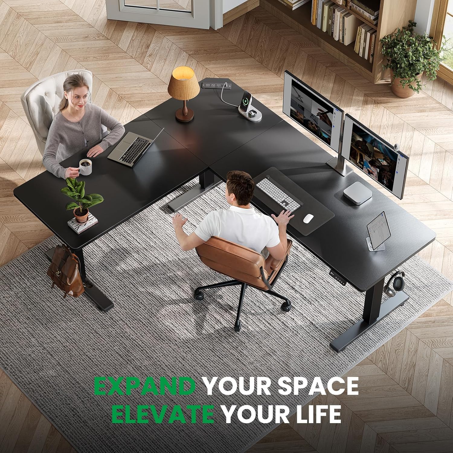 SIAGO L-Shaped Standing Desk - 63 x 55 Inch Adjustable Corner Standing Desk with Charging Station - L Shape Sit Stand Table with Memory Controller, Splice Board for Home Office