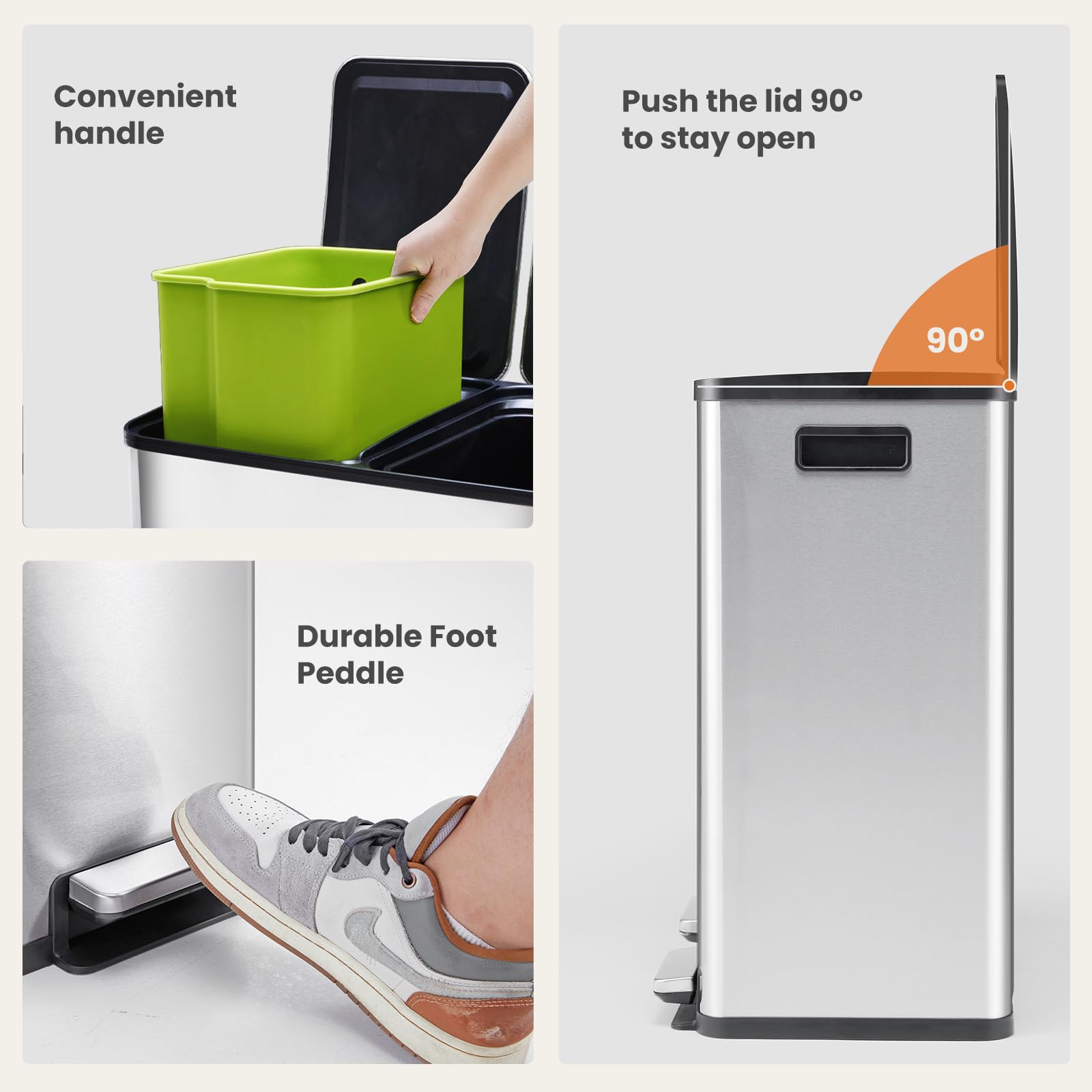 DUMOS Stainless Steel Kitchen Trash Can with Dual Buckets