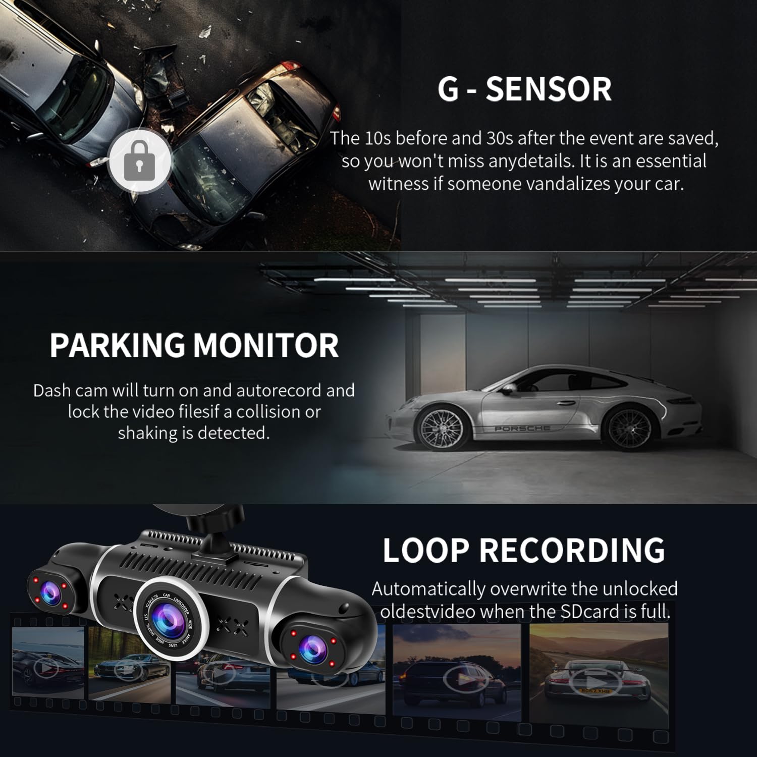 ZUNFLY 360° Dash Cam 4-Channel FHD 2K & Night Vision
