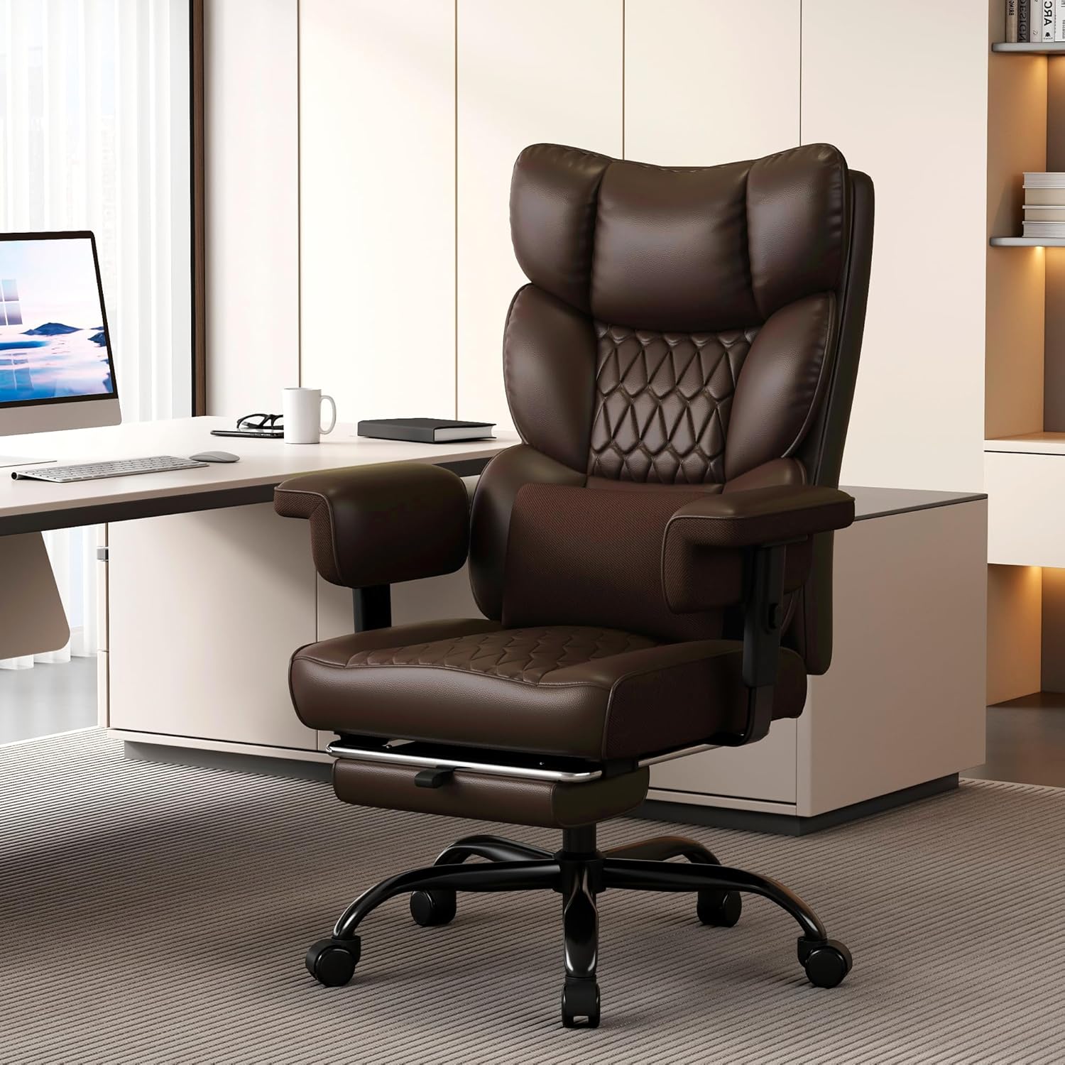 Misolant Big and Tall Office Chair with Footrest, High Back Executive Desk Chair with Adjustable Lift Armrest, 155°Recline .Lumbar Support Pillow, Faux Leather Gaming Chairs for Home or Office Brown