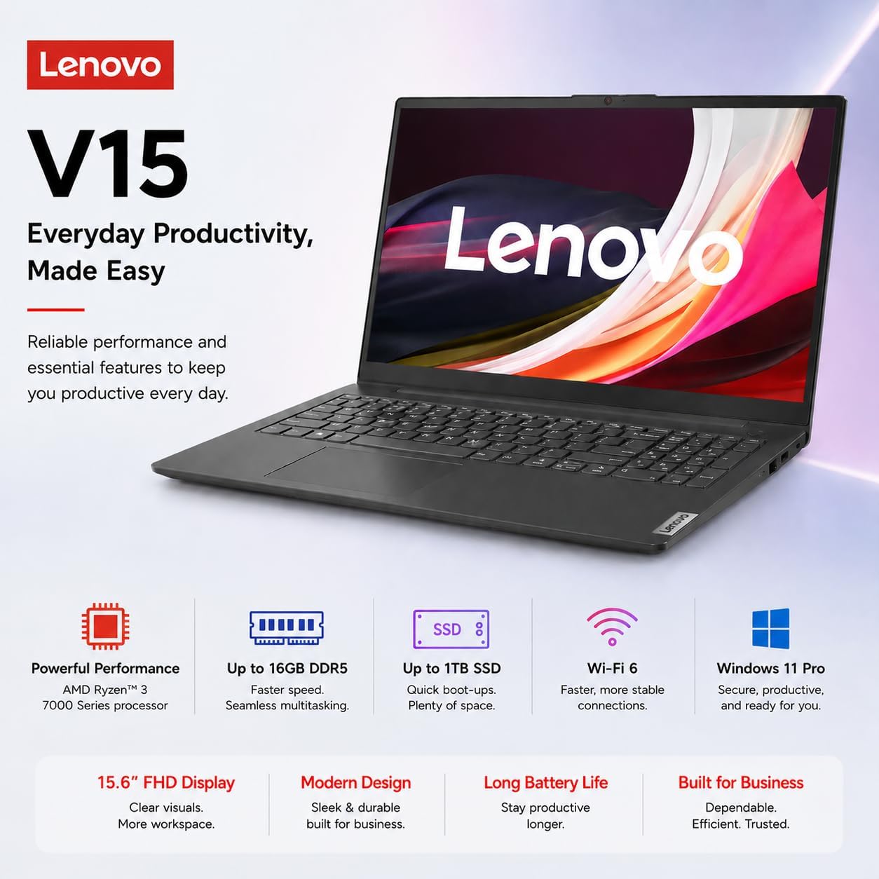 Lenovo V15 Business Laptop 2026 Edition, AMD Ryzen 3 7000-Series(Beat i7-1065G7), 15.6