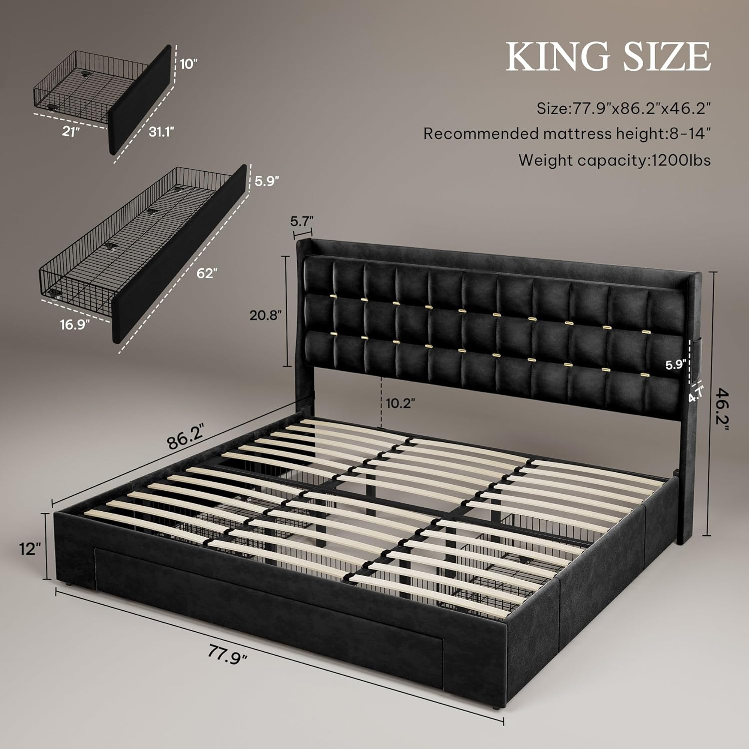 YITAHOME King Size Bed Frame with 3 Storage Drawers and RGB LED Lights, Velvet Upholstered Bed with Charging Station and Storage Headboard, No Box Spring Needed, Easy Assembly, Noise-Free, Black
