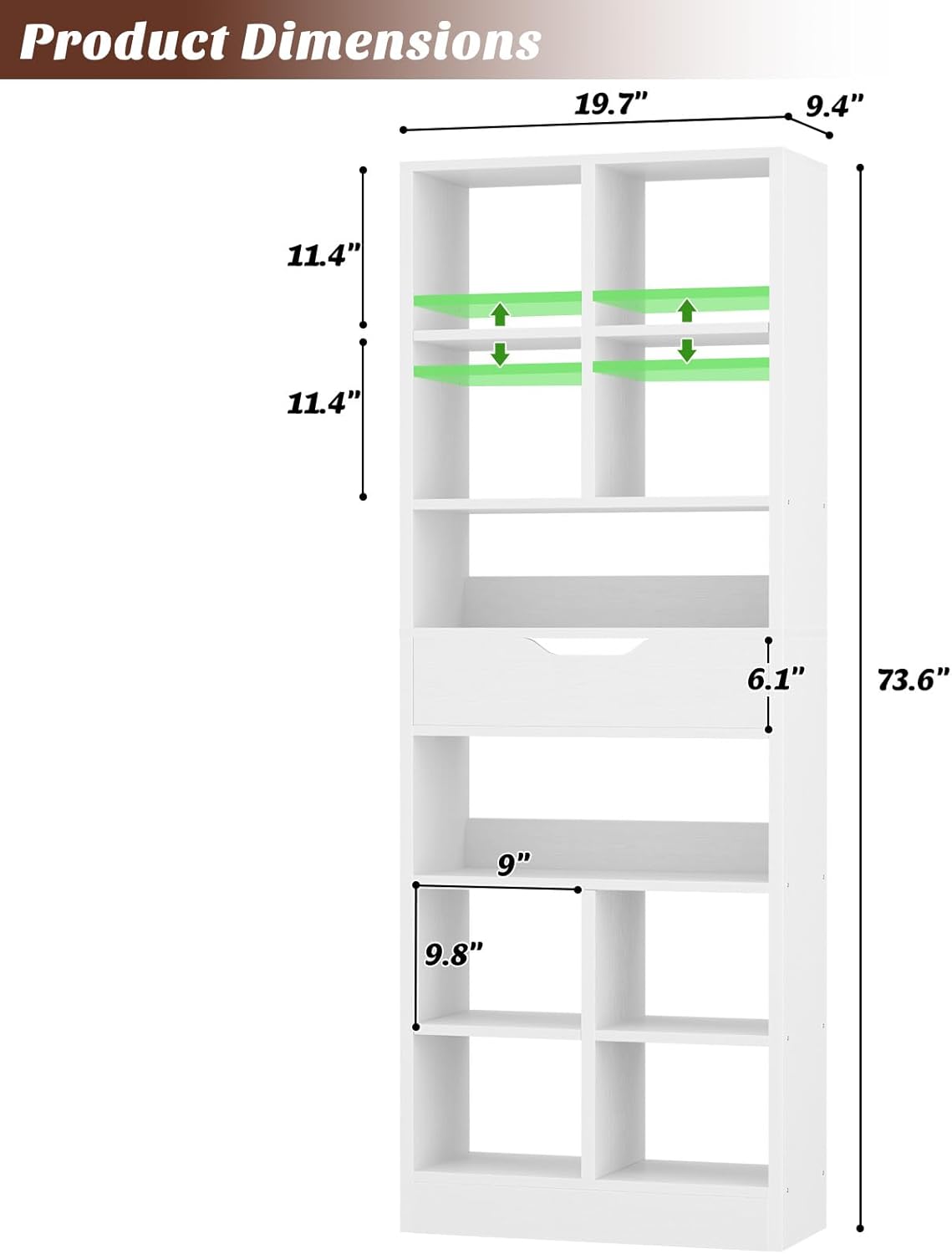 Armocity 8-Tier Tall Bookshelf with Drawer, 73.6