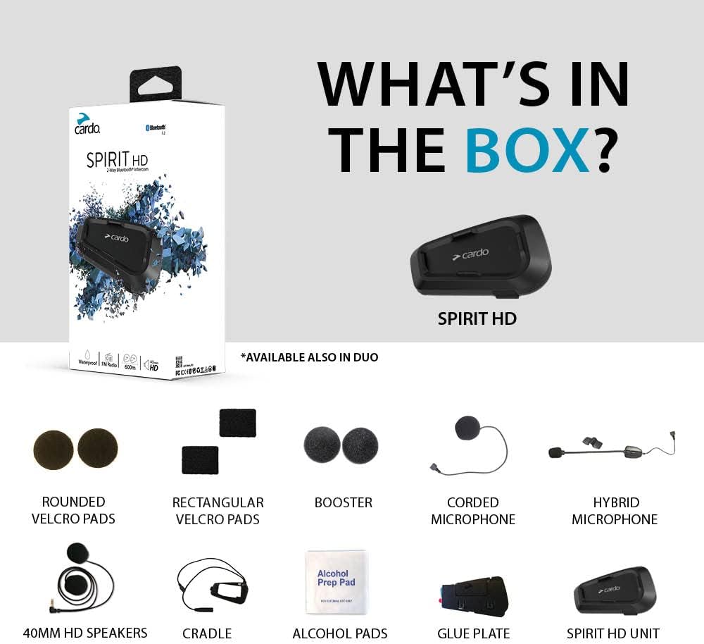 Cardo Systems Spirit HD Motorcycle Bluetooth Communication Headset, 2-Way Bluetooth, Thin 40mm Speakers, Waterproof, Universal Connectivity - Single Pack