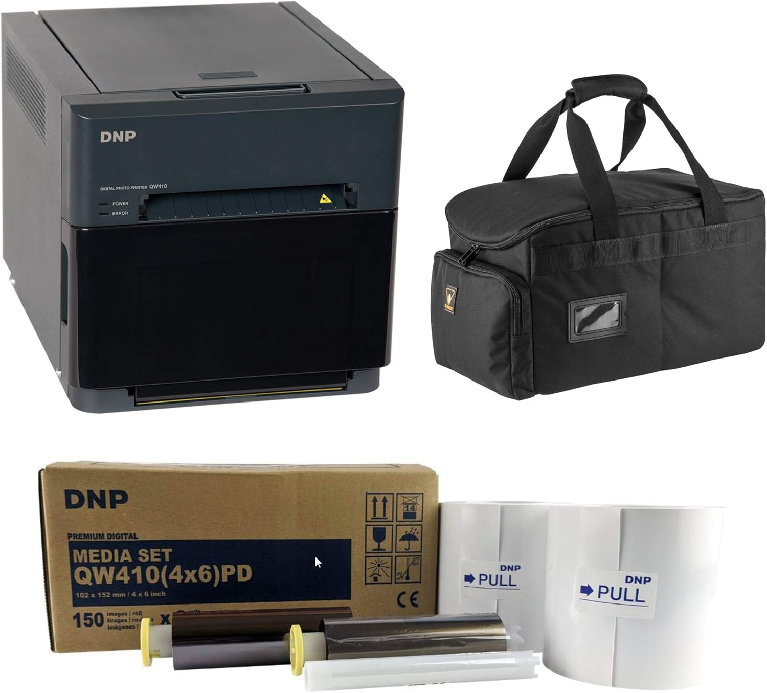 DNP QW410 4.5-inch Dye-Sublimation Professional Event Photo Booth Printer Essential Bundle with 4x6- Digital Media, 2 Rolls (300 Total Prints), Slinger Case