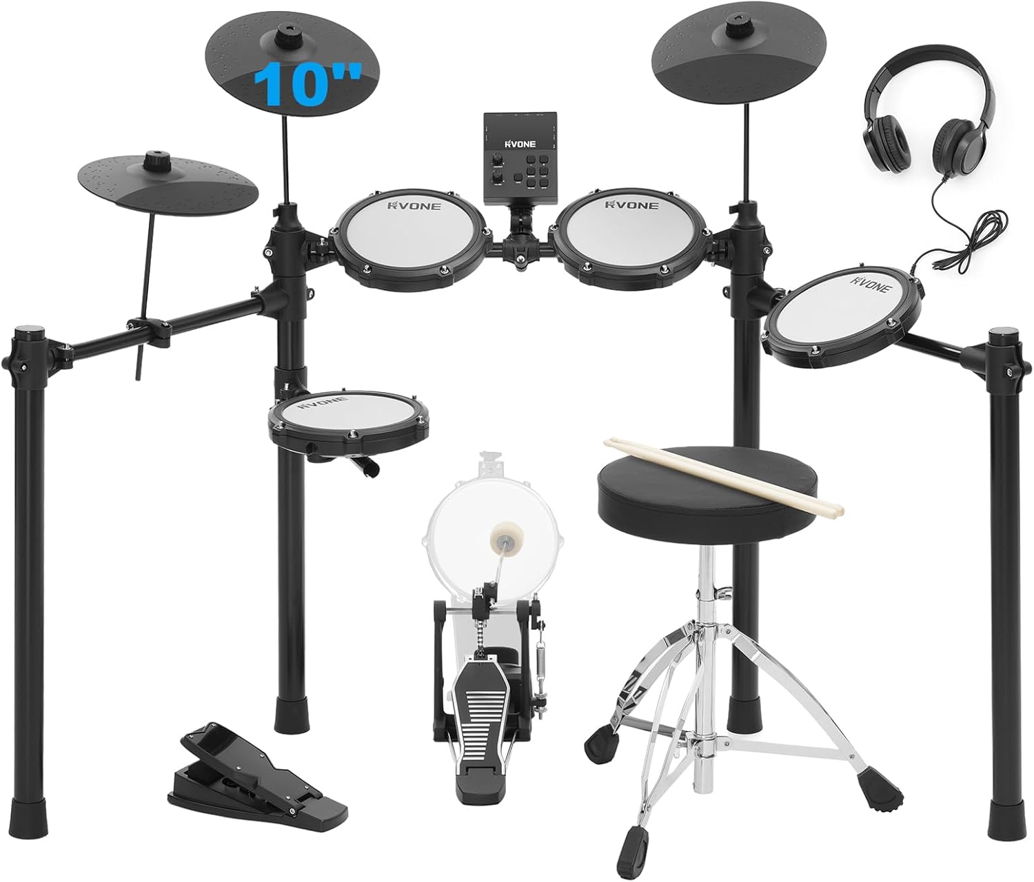 RVONE Electric Drum Set with Kick Hammer Pedal, Electronic Drum Kit for Kids Adult Beginner with 150 Sounds, 10