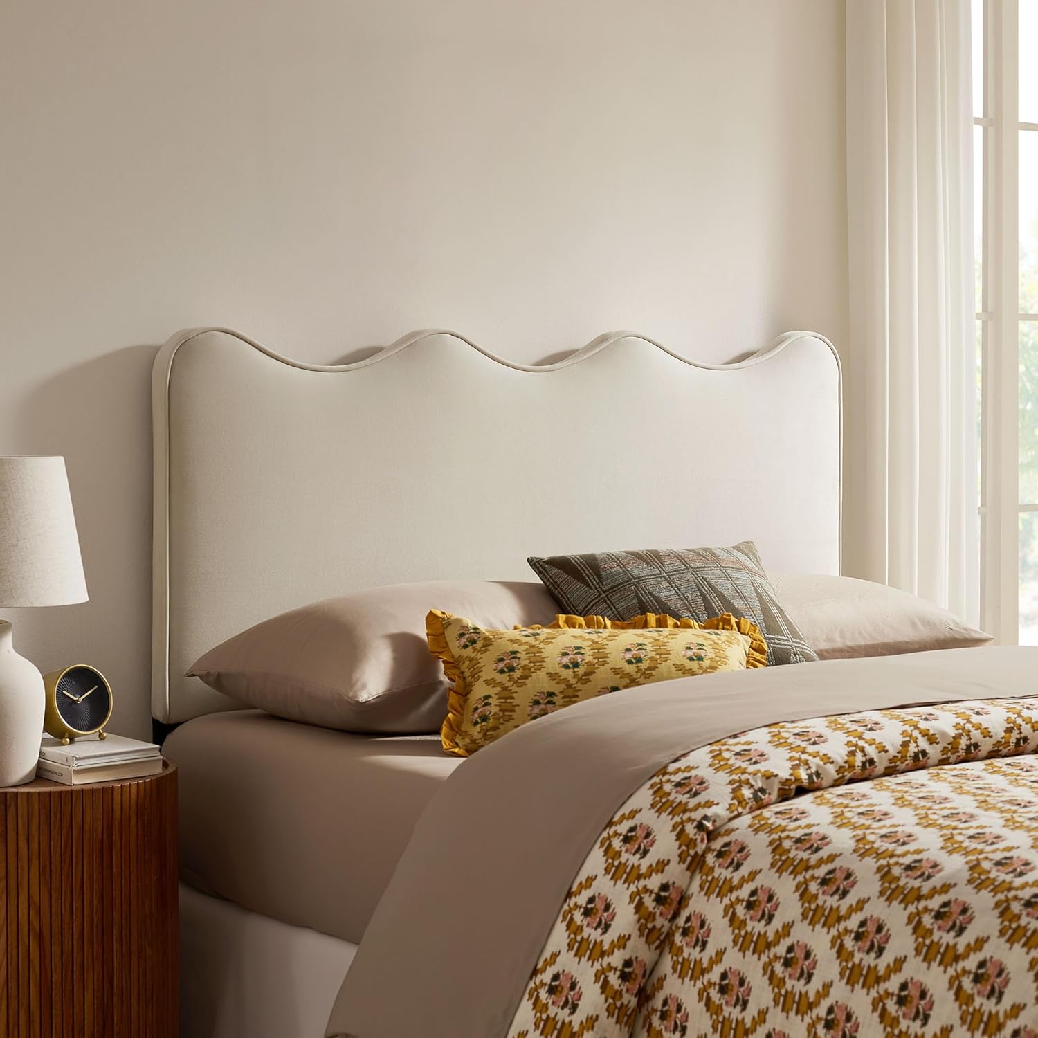 Monday Athena King Size Performance Velvet Adjustable Headboard in Alabaster - with Scalloped Wave Design and Stain-Resistant Velvet Upholstery