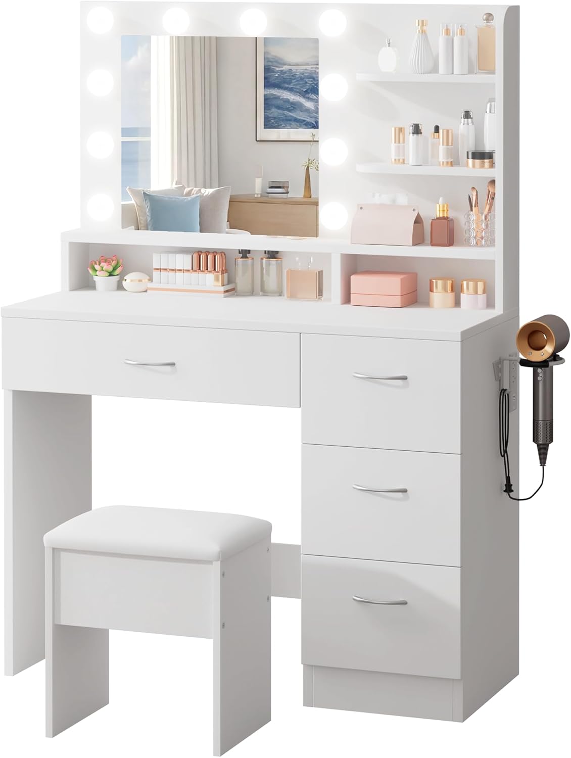 LIVELYGLOW White Makeup Vanity with HD Mirror & 10 LED Bulbs, 34.3
