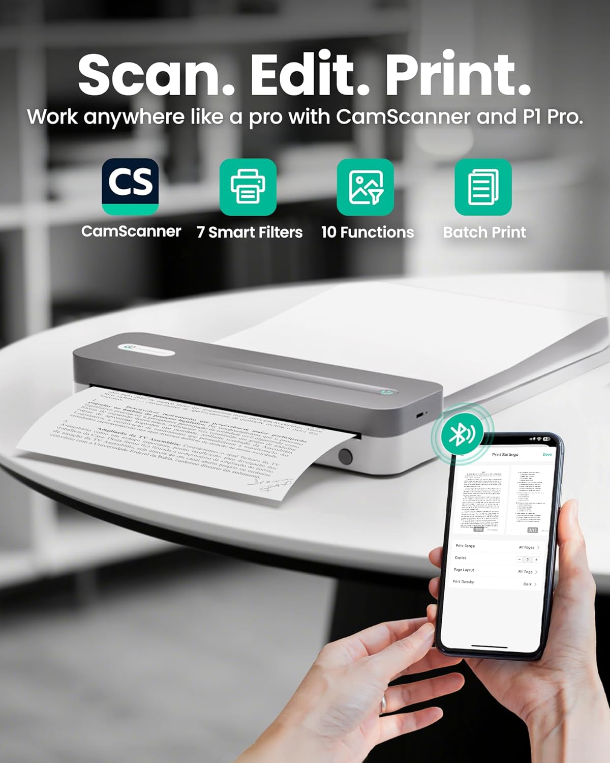 P1 Pro Ink-Free Thermal Printer, Portable US Letter Size Bluetooth Printer with 1 Roll Paper, for iPhone Android Computer, Home Office Use
