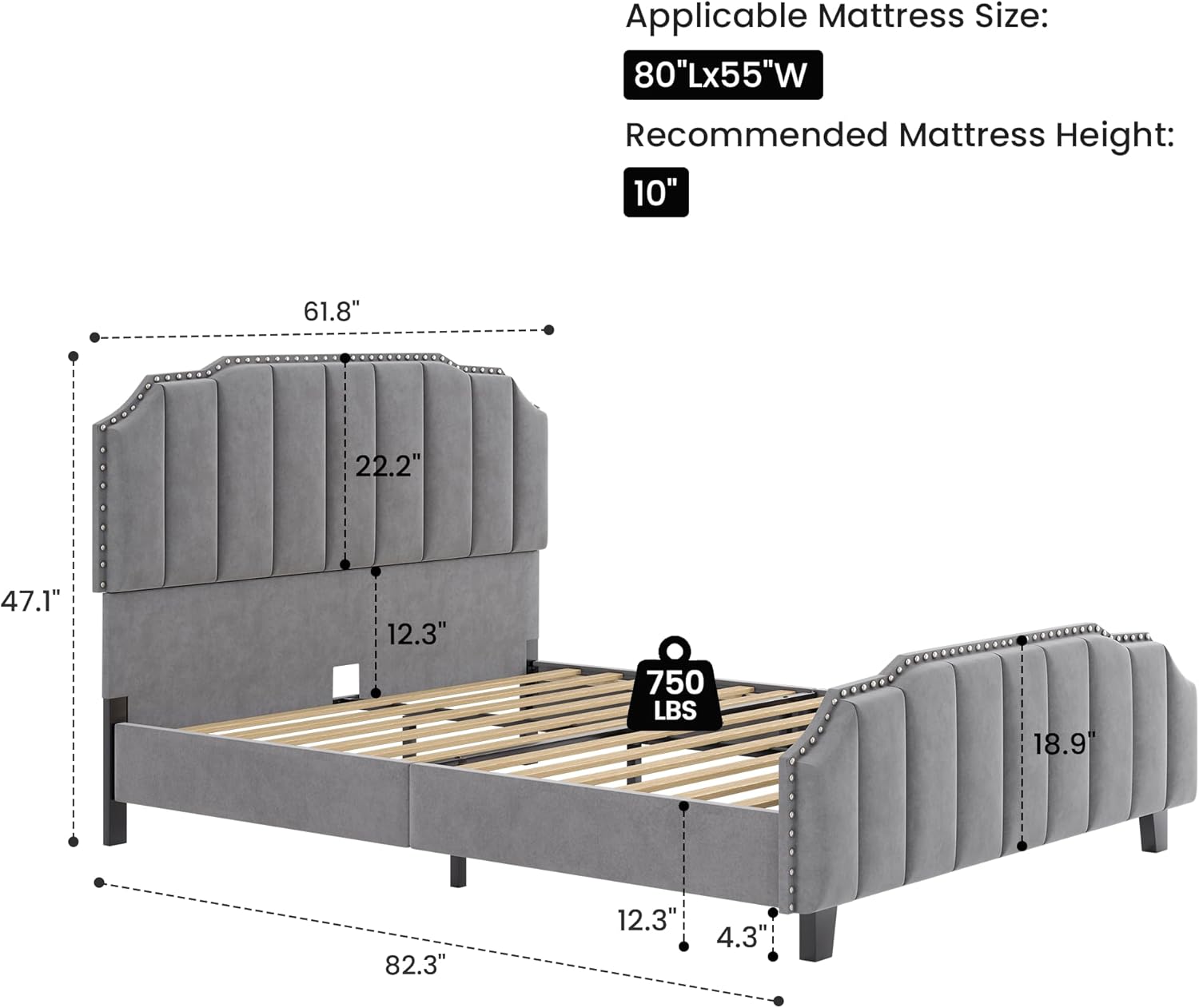 Queen Bed Frame Velvet with Headboard and Footboard, 46.8