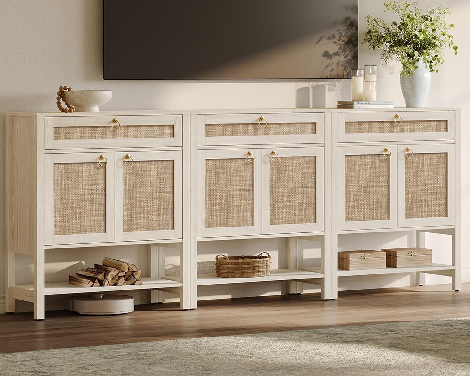 SICOTAS Large Rattan Sideboard Buffet Cabinet with Storage Set of 3-100.5