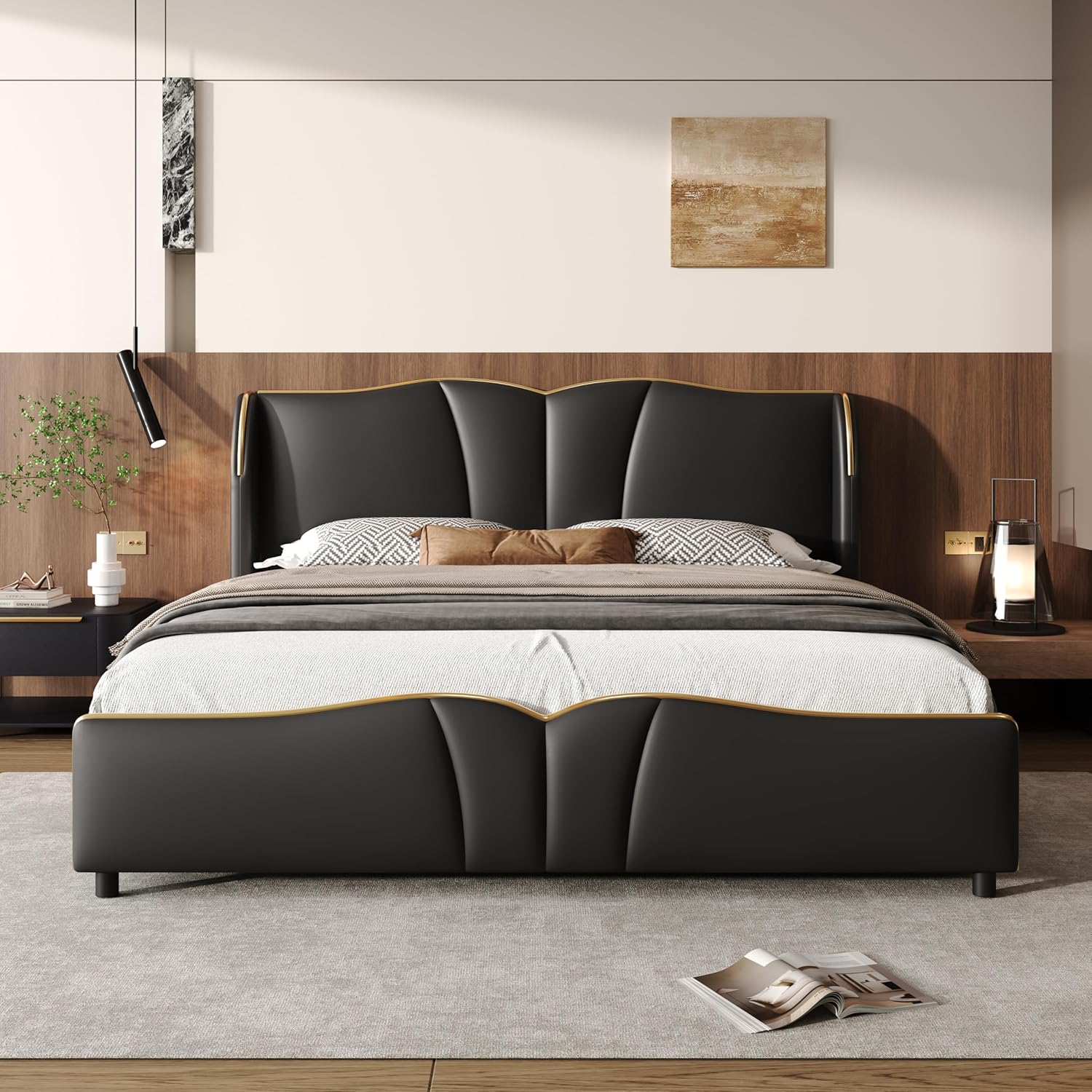GDFStudio Queen Size Leather Upholstered Bed Frame with Wingback Headboard & Wavy Footboard,Modern Platform Bed,No Box Spring Needed,PU Leather Upholstery,Wood Slats, Quiet & Comfortable,Black