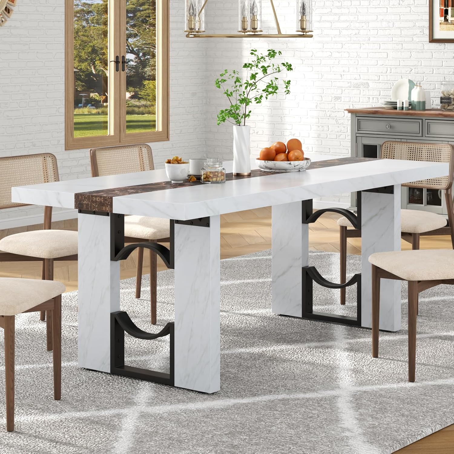 Loomie 71 Inch Dining Table for 6-8 People, Large Rectangular Kitchen Table with Marble-Color Tabletop, 6ft Luxurious Dining Room Table for Living Room, Home Office (White Marble)