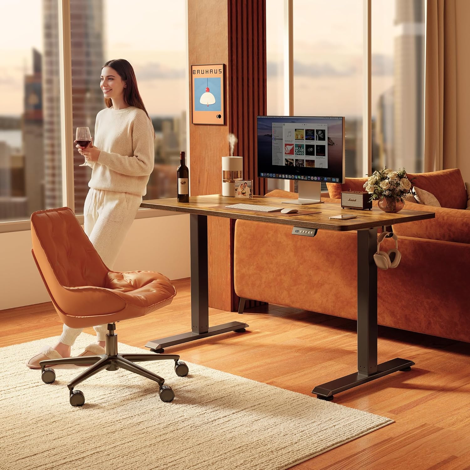 FEZIBO 48 x 24 Inchs Electric Standing Desk, Height Adjustable, Sit Stand Up, Computer Office Desk with Splice Board, Black Frame/Rustic Brown Top