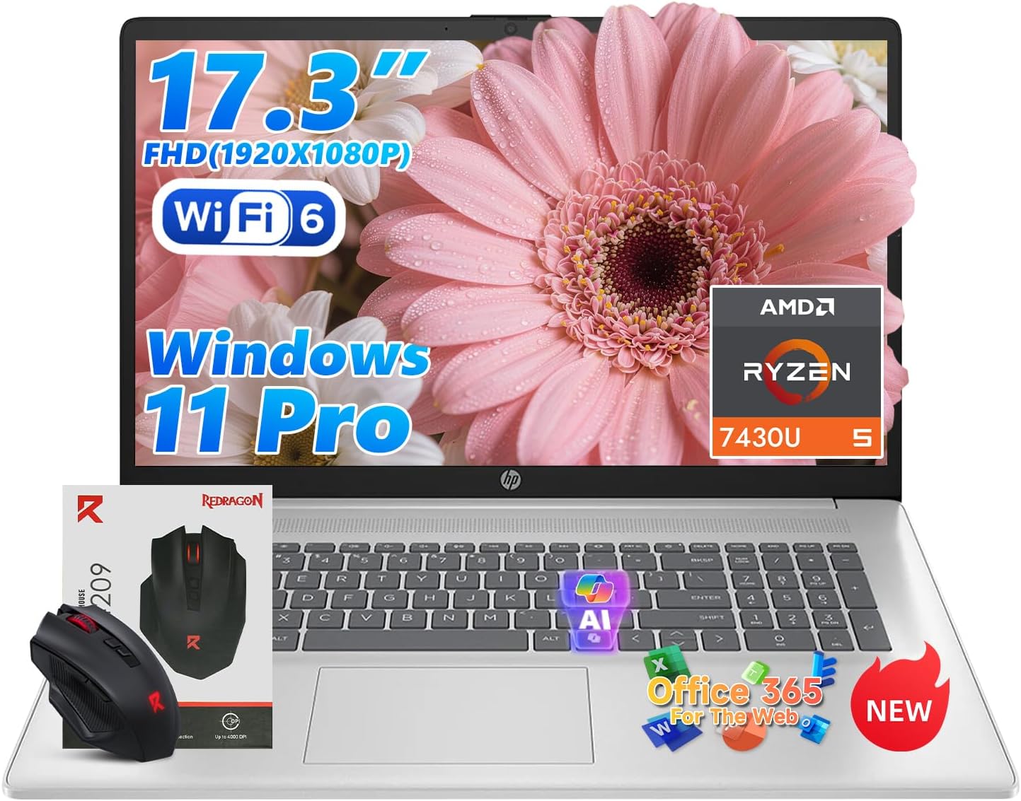 HP 17 inch laptops, AMD Ryzen 5 7430U(Beats i7-1355U), 20GB RAM 512GB NVMe SSD, Windows 11 Pro + Office 365 for the Web, 17.3