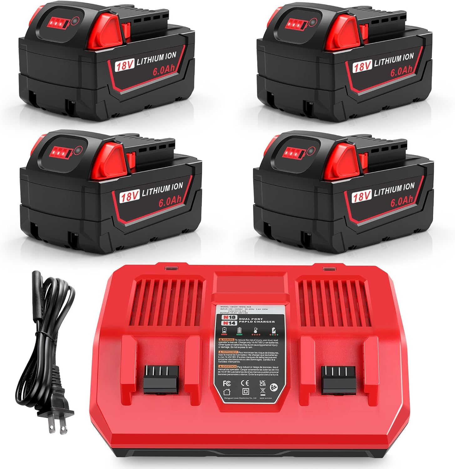 4Pcs 18V 6Ah Battery and N18-N14 18V Dual Port Charger Set Compatible for Milwaukee WK18 Tools 48-11-1850 48-11-1860 48-11-1820 48-11-1840 48-11-1830 48-11-1870 48-11-1880 Fast Charging