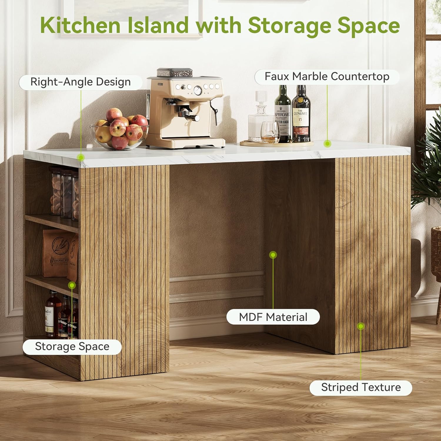 LITTLE TREE 62.99” Kitchen Island with Storage, 6-Tier Modern Kitchen Island Table with a Faux Marble Tabletop, Large Coffee Bar Table Storage Cabinet for Dining Room, White&Brown