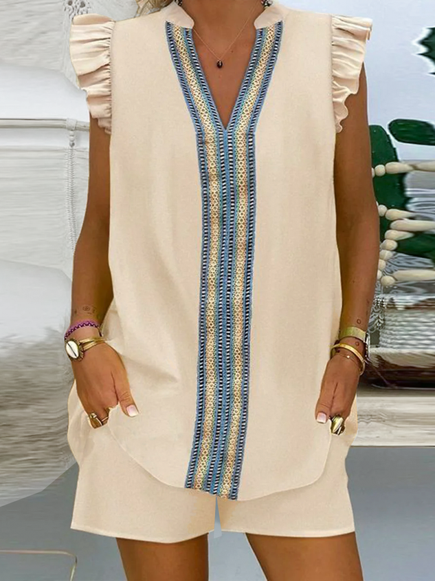 Cotton V Neck Plain Casual Two-Piece Set