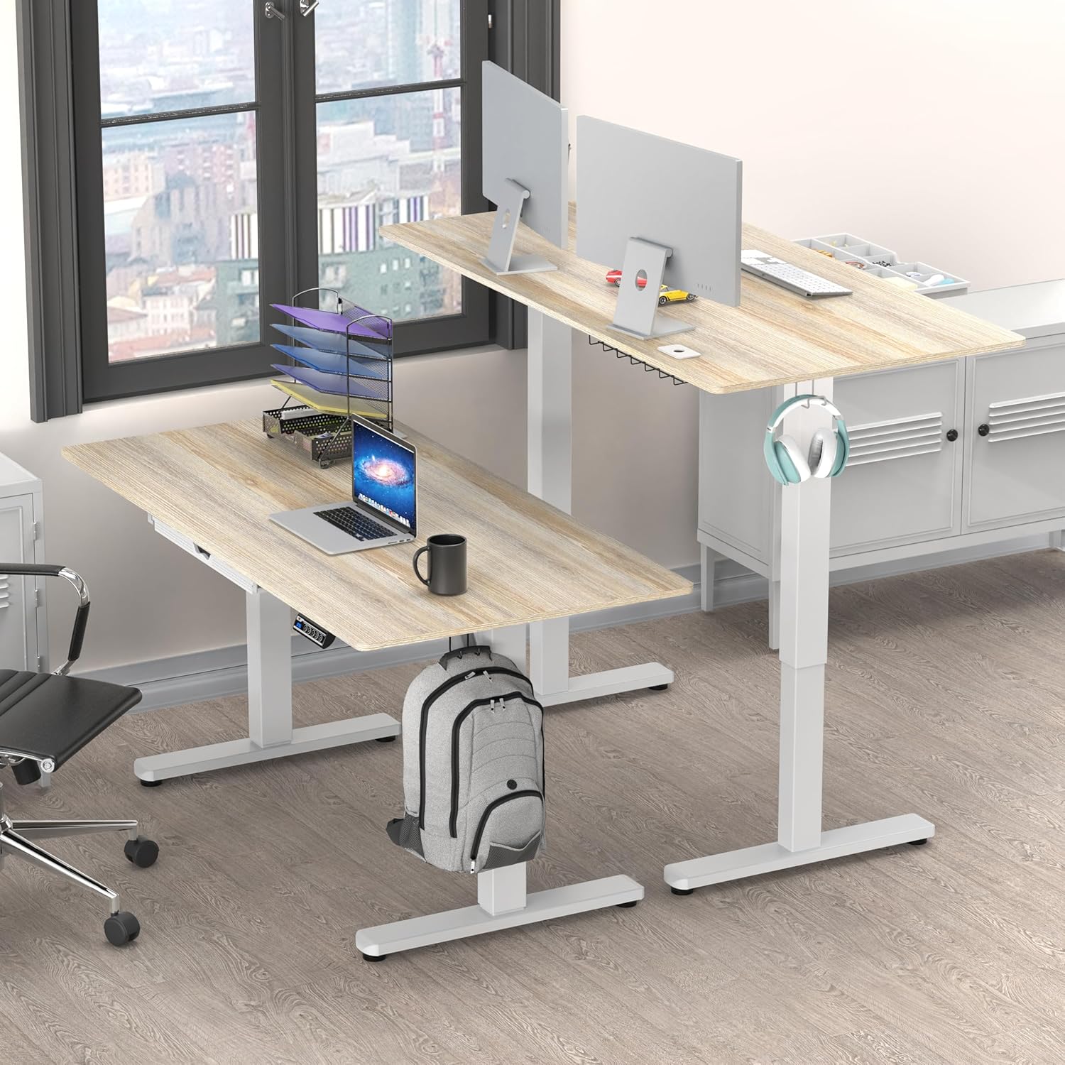 SHW 55 x 28 Inches Electric Height Adjustable Standing Desk with Drawer and Memory Preset, Maple