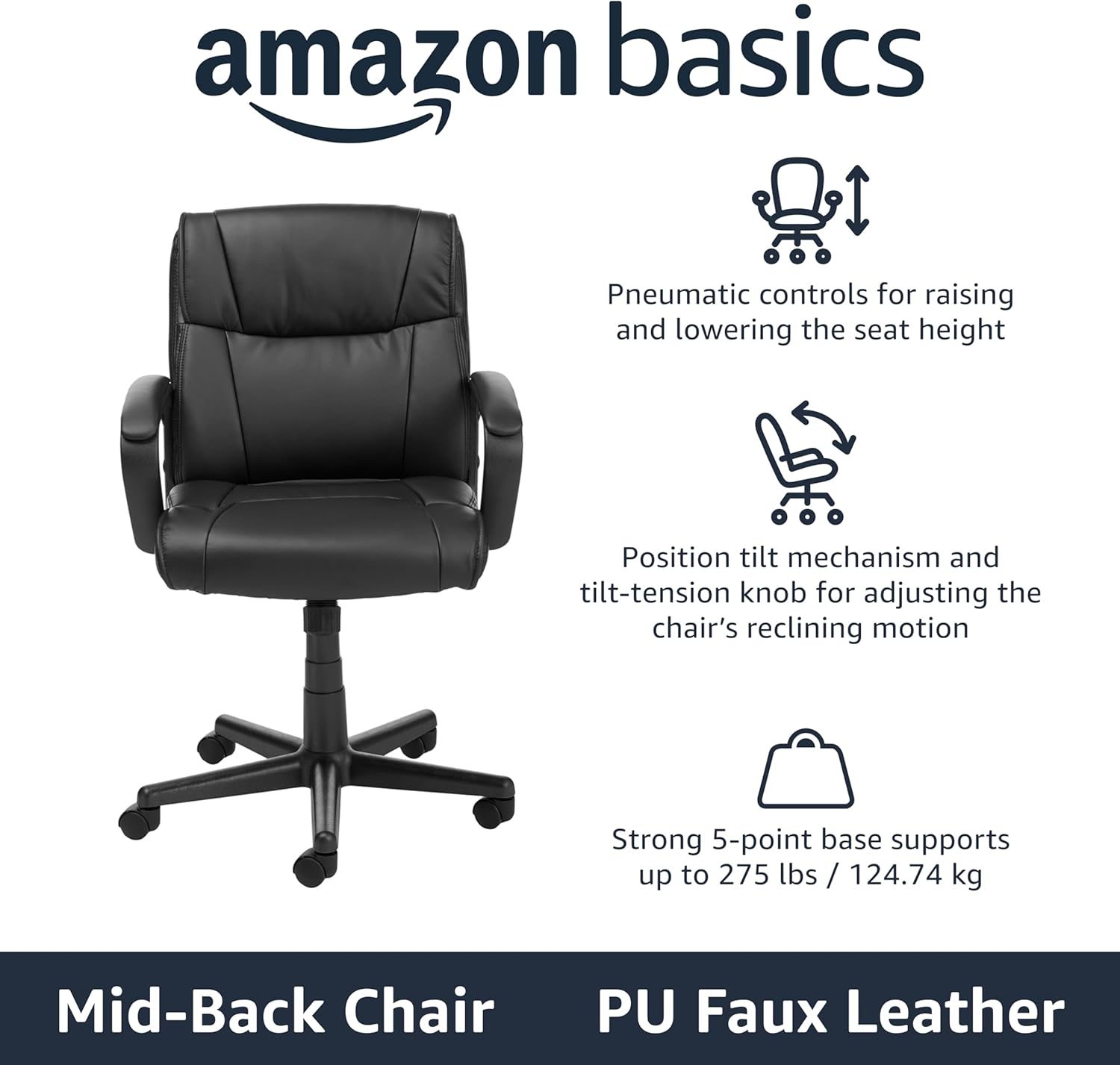 Amazon Basics Office Task Chair with Adjustable Height, 360° Swivel, Padded Armrests, Mid-Back, Rolling, 275 Pound Capacity, 24.2