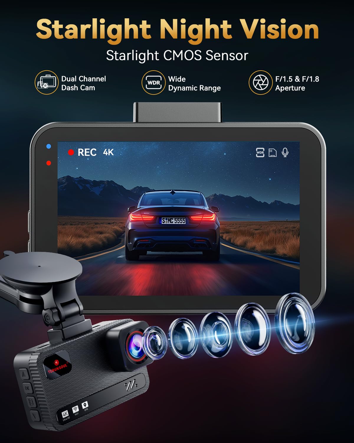 TERUNSOUL 4K Dash Cam Front & Rear with GPS, 128GB Card
