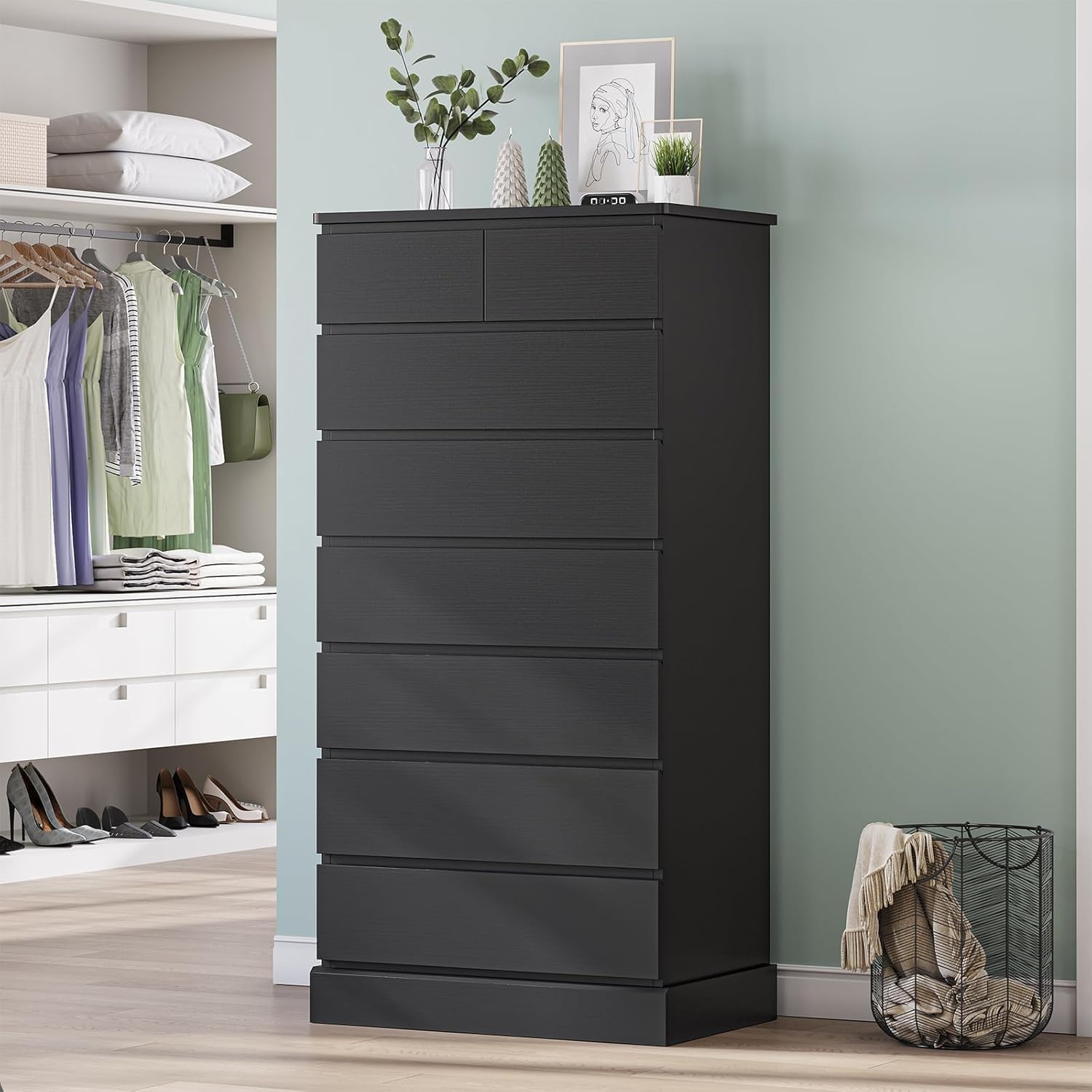 DICTAC Black Tall Dresser for Bedroom with 8 Drawers, 59.6