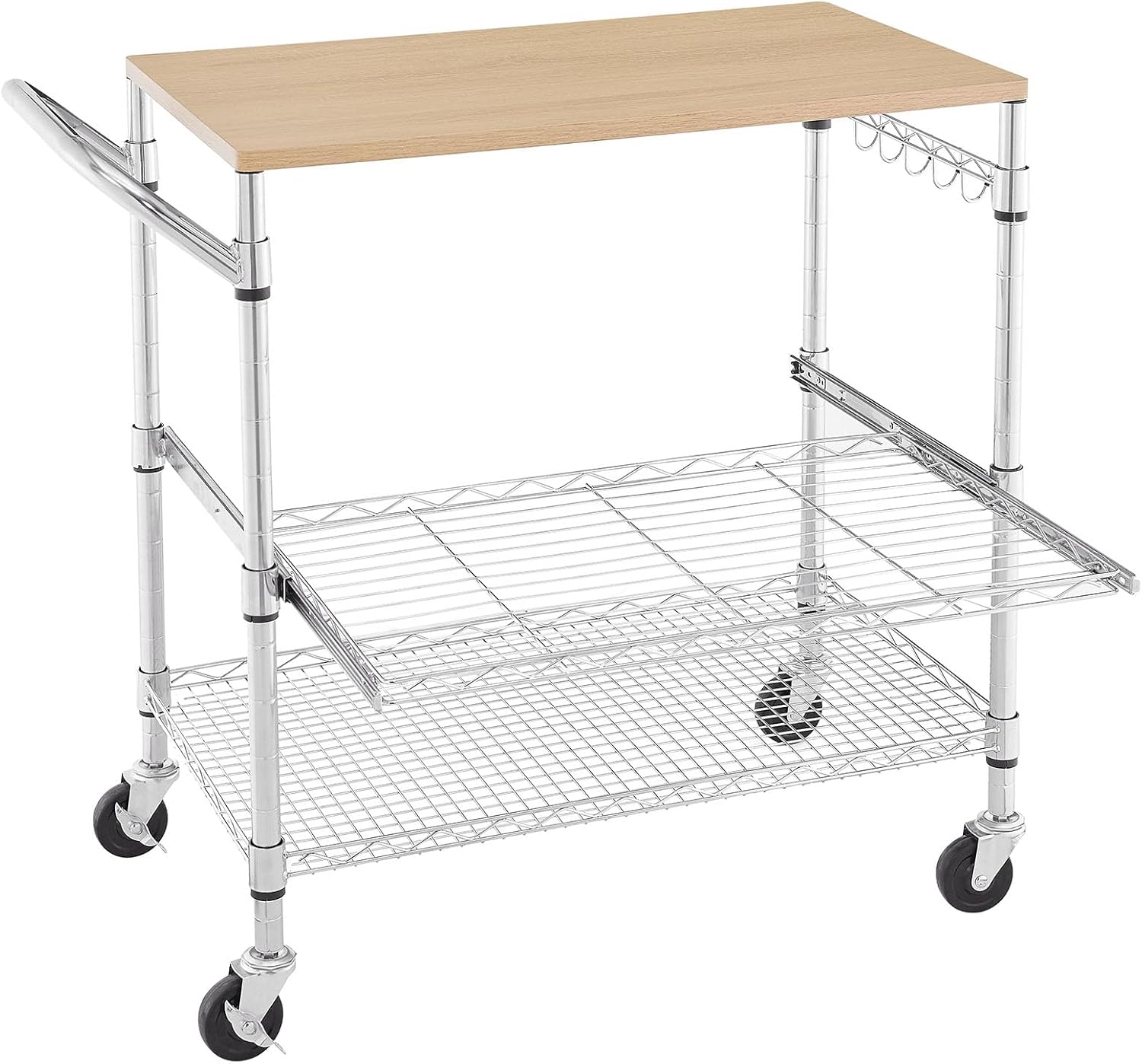 3 Tier Rolling Kitchen Cart with Wood Tabletop, Kitchen Island Carts with Wheels & Slider Shelf, Microwave Cart on Wheels, Coffee Cart with Hooks, 35.4