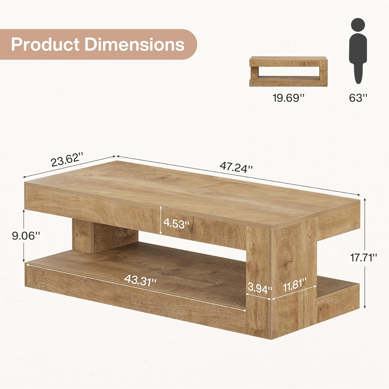 Tribesigns Coffee Table for Living Room, 47.24 Inch Farmhouse 2-Tier Accent Center Tea Cocktail Table with Storage, Wood Color, Rectangle