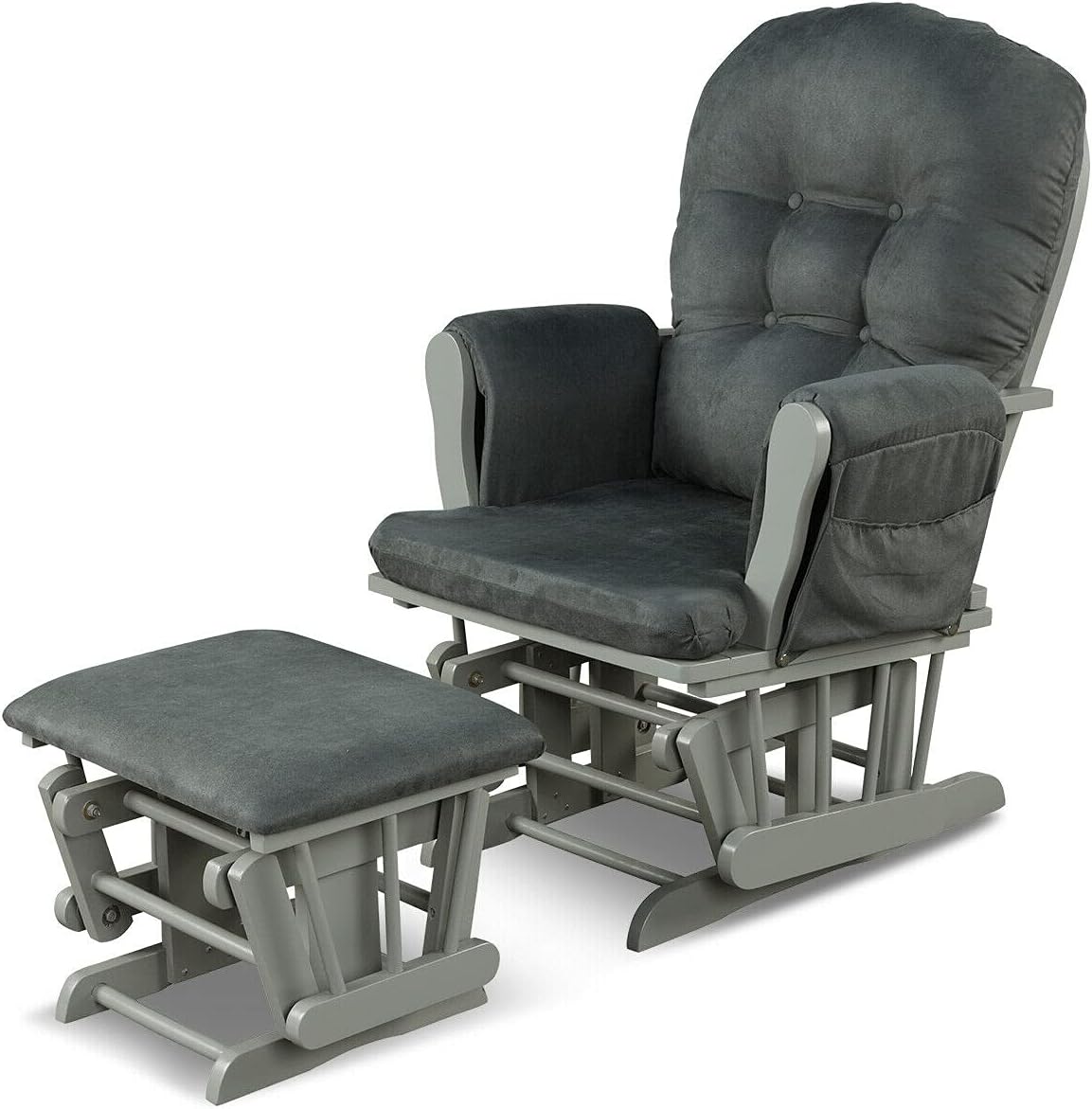 Caraya Modern Style Rocking Glider Wood Chair with Ottoman Cushion Set Sturdy Stable for Living Room, Bedroom, Nursery Dark Grey
