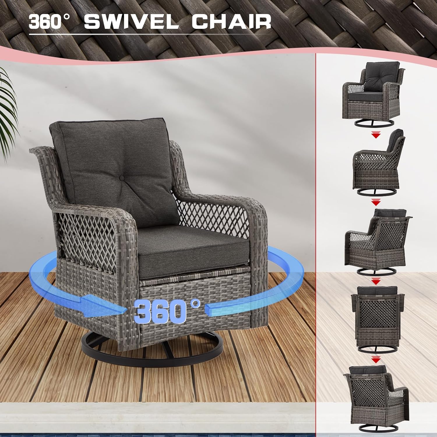 6 Pieces Wicker Patio Furniture Set Conversations Sets, 2 Outdoor 360° Swivel Rocking Chairs, Patio Swivel Glider Chair with Table and Ottoman for Garden, Poolside, Backyard (Grey)