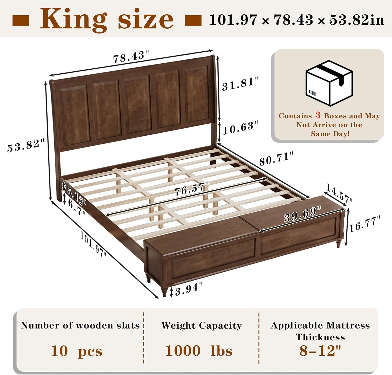 KEIKI King Size Platform Bed Frame with Storage Chest, Wooden Sleigh Bed with High Headboard and Footboard Storage Bench, Solid Wood Construction, No Box Spring Needed, Walnut Brown