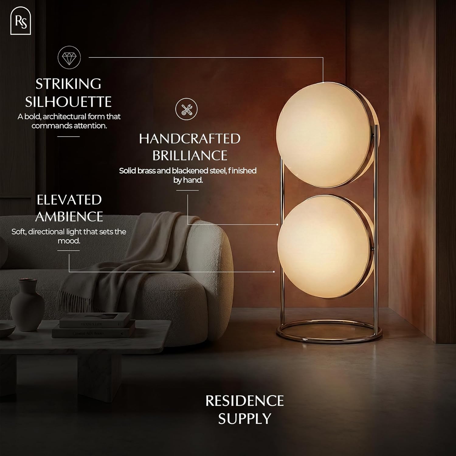 Residence Supply Rasu Floor Lamp - Handcrafted Solid Steel Structure with Weighted Base for Lasting Stability - UL & CE Certified E27 Socket - Modern Standing Lamp for Refined Home Decor