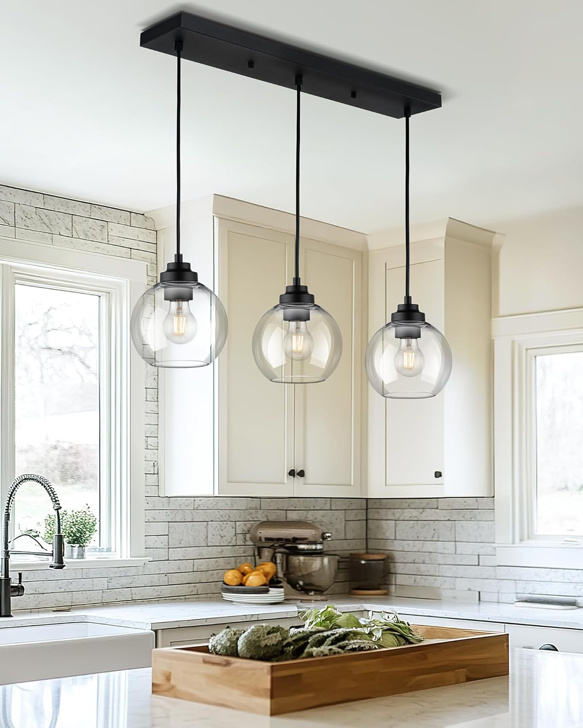 Black Island Light, 3-Light Linear Chandelier with Clear Glass, Globe Pendant Light Fixture for Dining Room Kitchen Island Living Room Pool Table, ZCPL101BK-3S