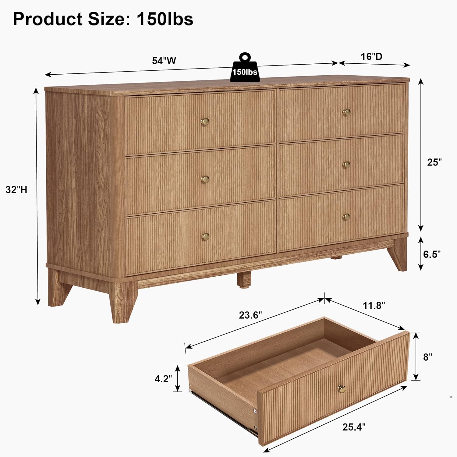 INNOD Fluted 6 Drawers Dresser, 54