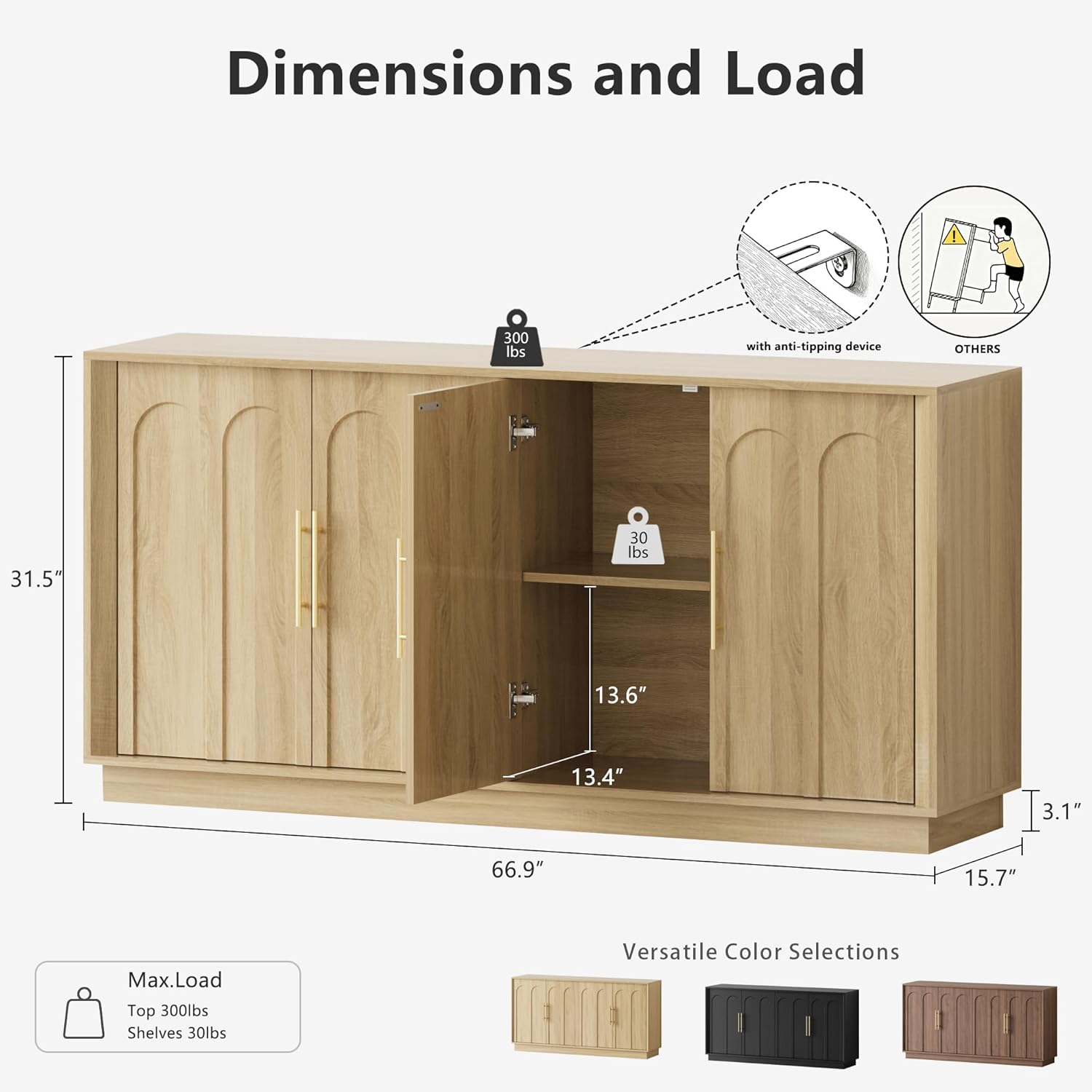 FORTUNETEC Sideboard Buffet Cabinet with Storage, Modern Accent Cabinet with Arched Doors, Boho Modular Media Console, 67