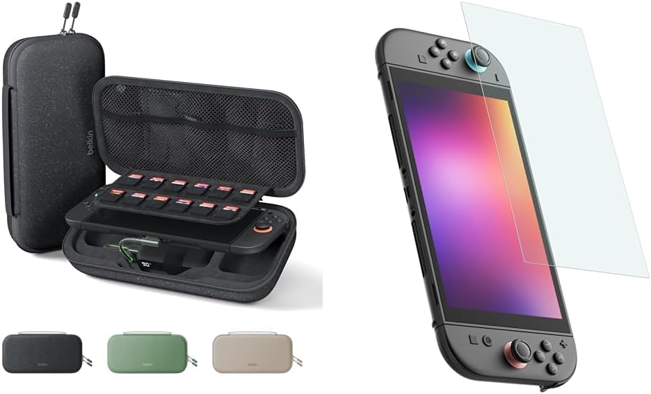 Belkin Gaming Charger Case (Charcoal) w/ 10,000mAh Power Bank + Blue Light Filter TemperedGlass Screen Protector Bundle for Nintendo Switch 2 - Travel Essentials w/AirTag Holder, Game Storage & More