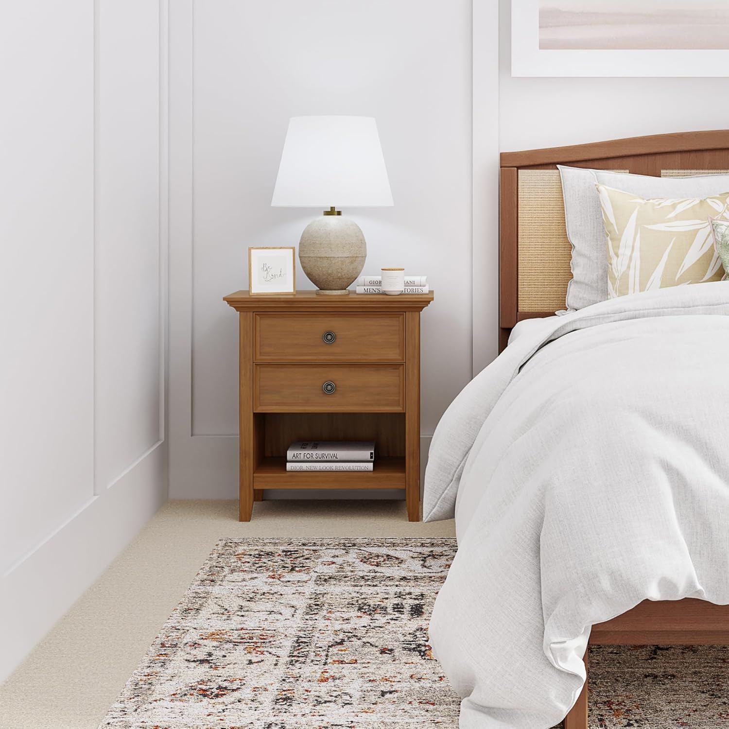 SIMPLIHOME Amherst Bedside Table - 24 inch Wide Solid Wood Nightstand in Light Golden Brown, Transitional Bedroom Side or End Table with 2 Drawers, Open Storage Shelf and Bronze Hardware