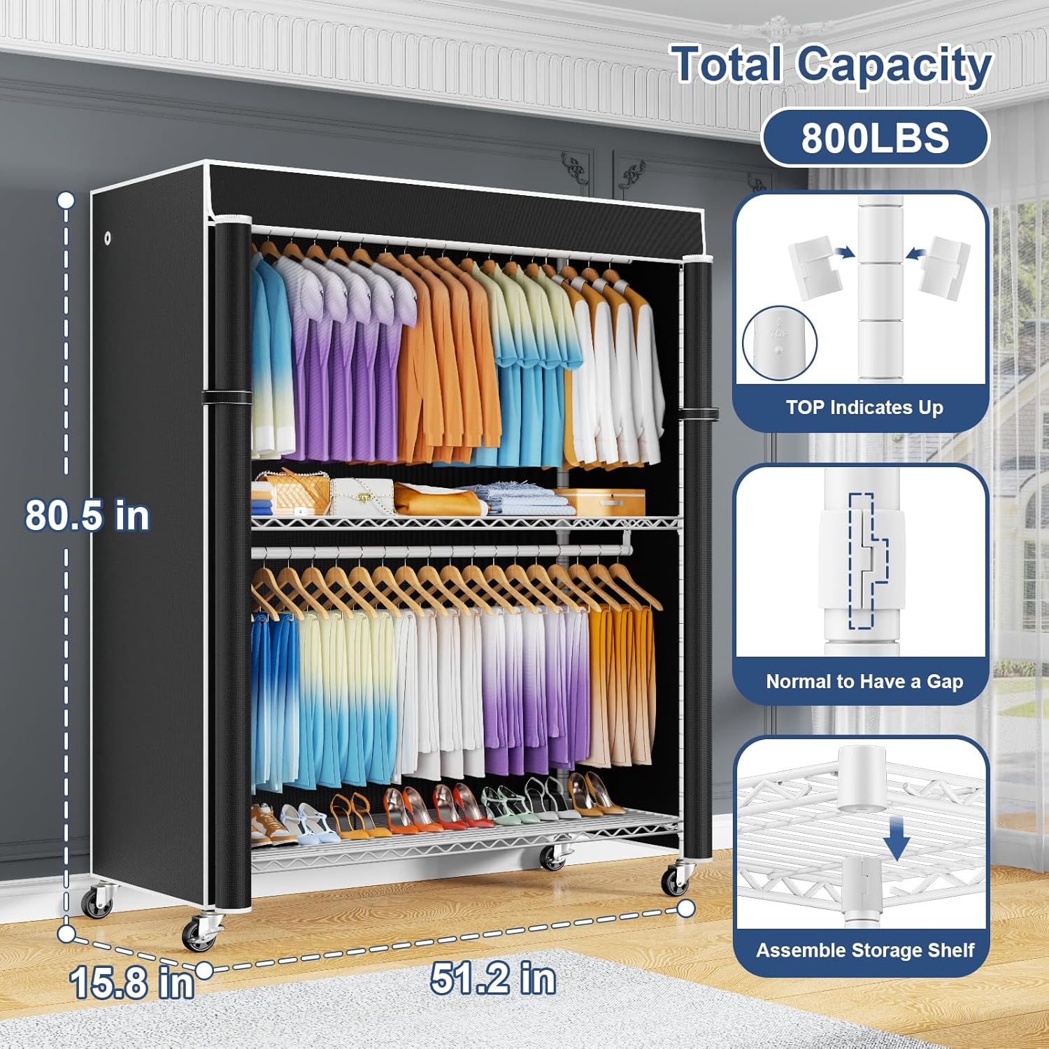 ULIFHOME P8C Max Heavy Duty Clothes Rack（With Extended Width Design） Rolling Clothing Racks for Hanging Clothes with Lockable Wheels .51.2