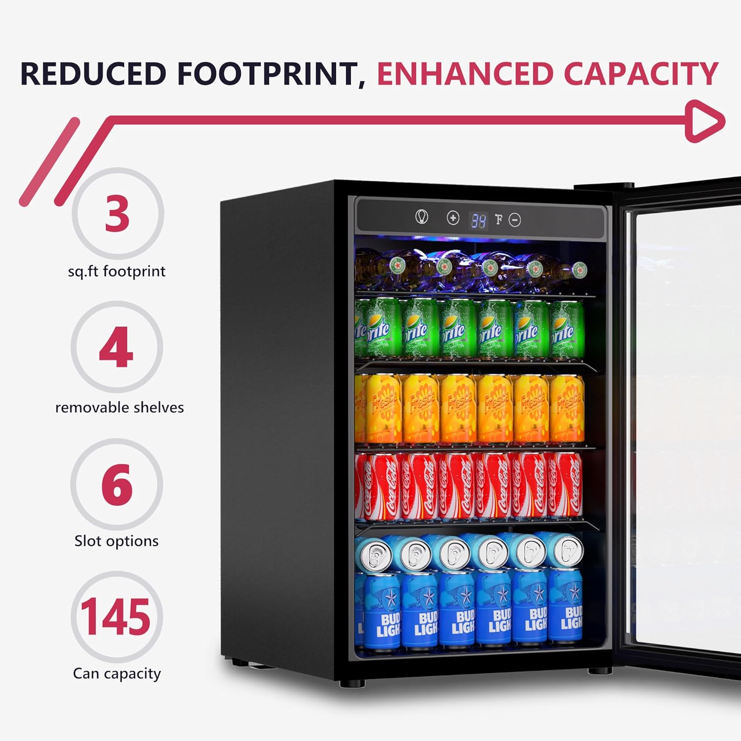 Icyglee 4.5 Cu.ft Beverage Refrigerator Cooler, 145 Can Mini Fridge with Digital Temperature Display for Soda Beer Wine, Freestanding beverage fridge with Adjustable Shelving for Home Office Bar