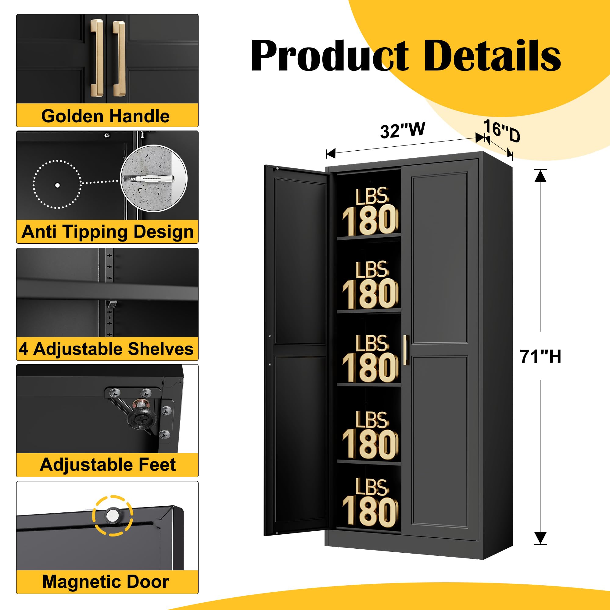 STEELOONG Black Metal Kitchen Pantry Cabinet with Adjustable Shelves