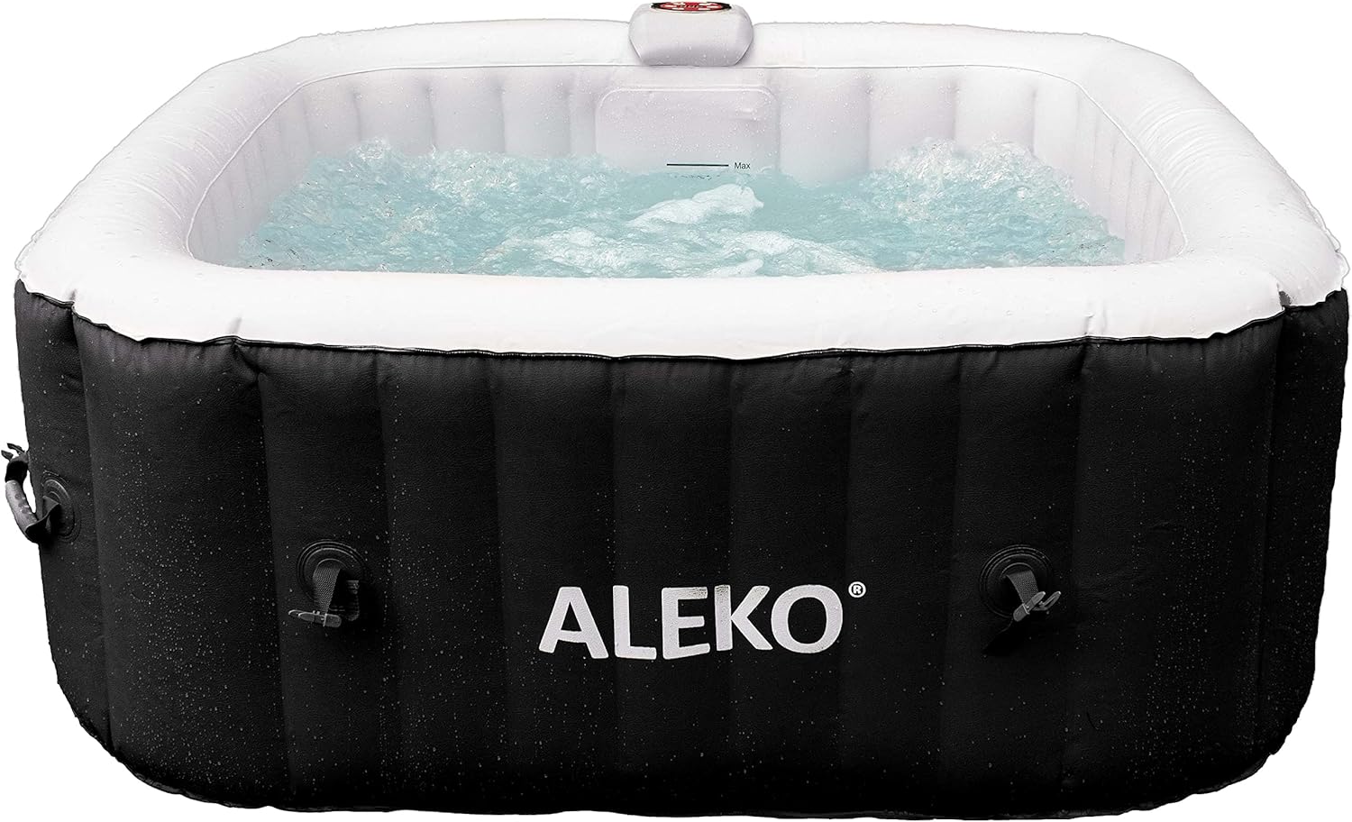 ALEKO Inflatable Hot Tub Spa | Personal High Powered Jetted Bubble | with Fitted Cover and 3 Filters | 160 Gallon | 4 Person Square | Black and White | HTISQ4BKWH