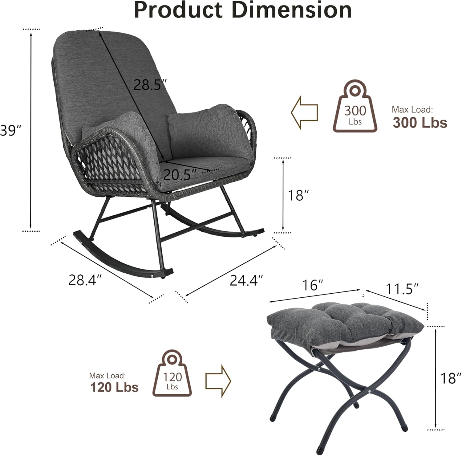 Outdoor Rocking Chairs with Ottoman Set of 2, Patio Glider Rocking Chair with Cushion, Comfy Rattan Lounge Chairs for Bedroom, Living Room, Dark Gray