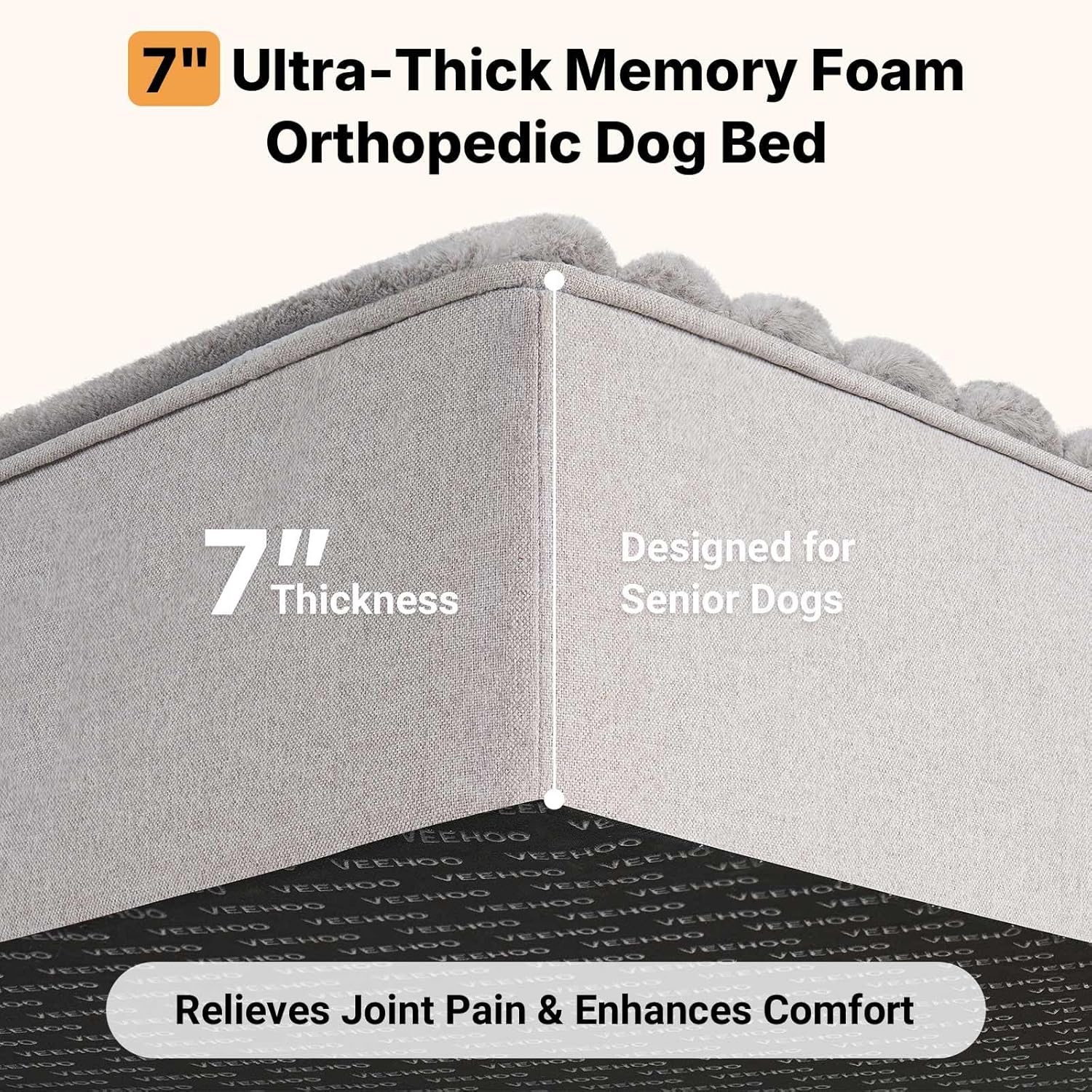 Veehoo Orthopedic Memory Foam Dog Bed, 7 Inch Thick Extra Large XXL Dog Bed for Senior Dogs with Ultra-Soft Fluffy Surface, Waterproof Liner, Removable Washable Cover and Non-Slip Bottom, 52