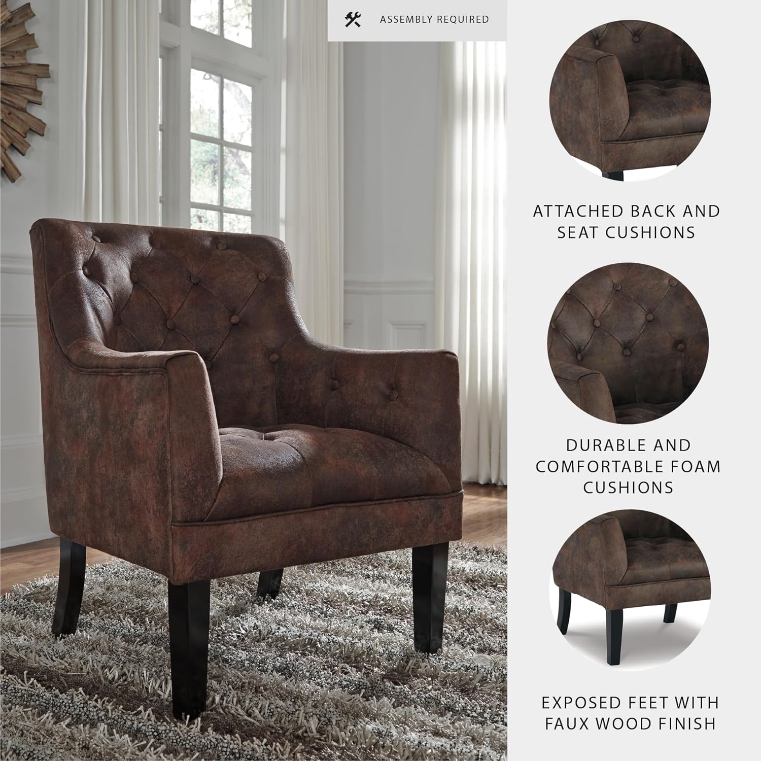 Signature Design by Ashley Drakelle Traditional Accent Chair with Diamond Button Tufting, Attached Cushions, Fabric Upholstery, 20.5