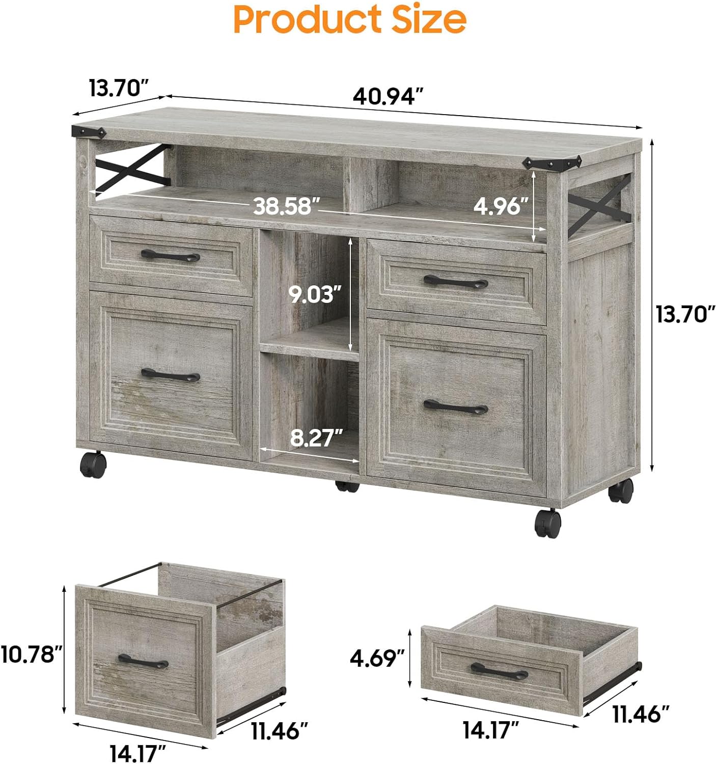 Vabches Farmhouse Filing Cabinet with Adjustable Shelf & Wheels, Lateral File Cabinets, Office Storage Cabinet with 4 Drawers and Open Storage Space, for Hanging Files Letter/A4, for Home Office.Grey