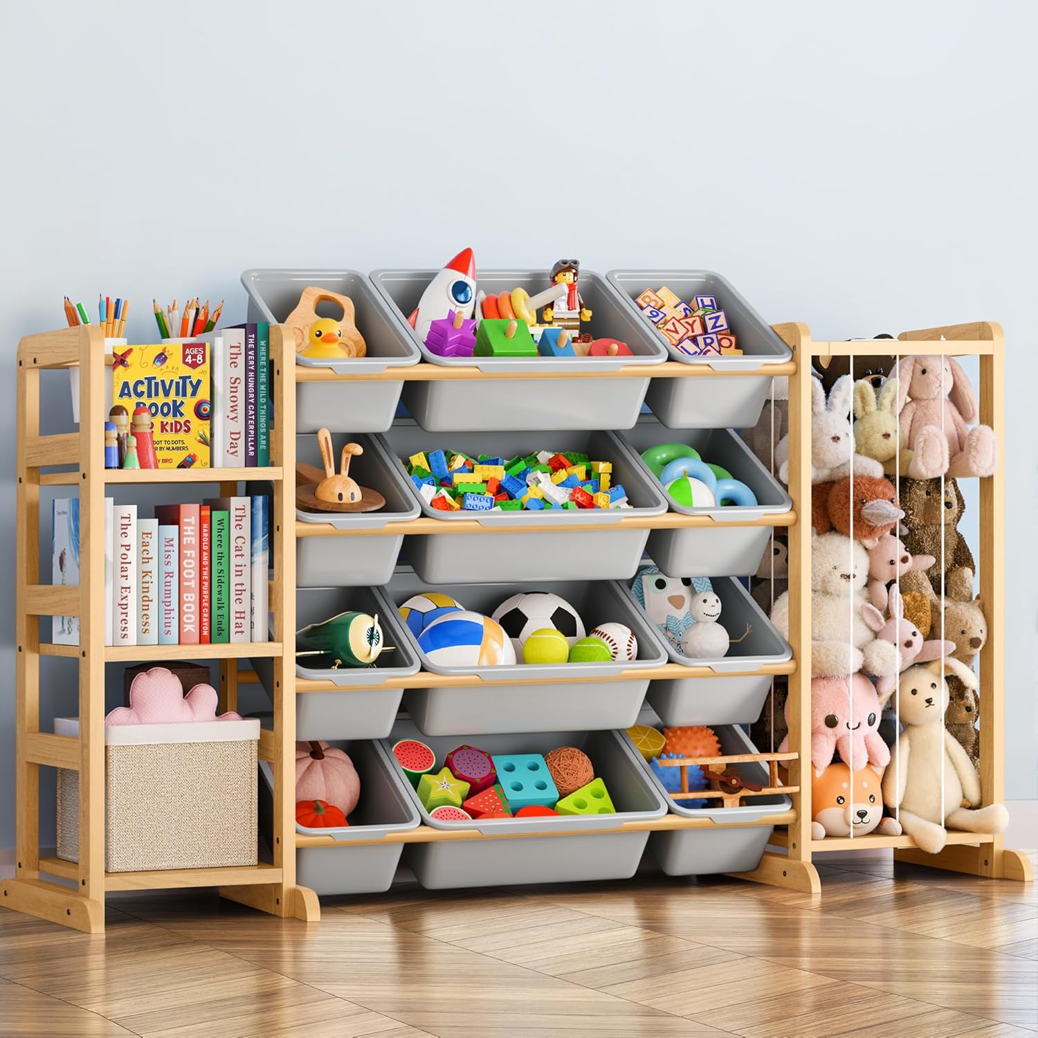 Toy Storage Organizer with Bookshelf and Stuffed Animal Storage - Kids Playroom Organization with Shelves and 12 Toy Bins - Toddler Living Room Toy Box for Lego - Nursery Bedroom Decor Essentials